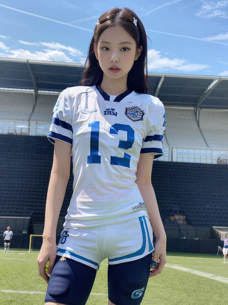 Masterpiece, superlative, realistic, Jennie wearing trendy football uniform, HD, photography and lighting, 16k