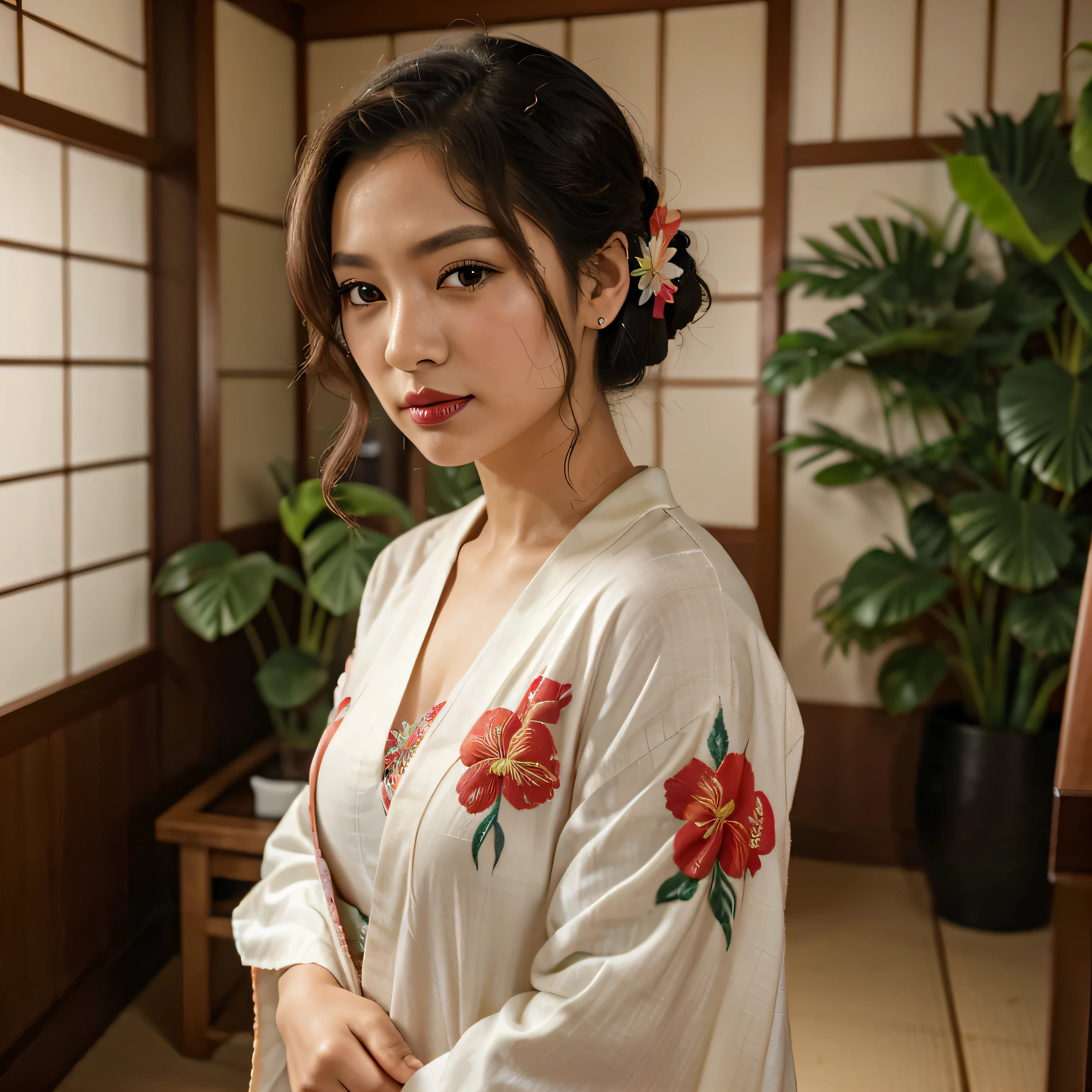 Heritage Fusion Portrait of Miyako Luz
Location: Inside a traditional Japanese tea house with Brazilian tropical plants in the background, blending both cultures.
Outfit: A sleek, modern kimono with Brazilian embroidery details.
Hairstyle & Makeup: Loose, flowing curls with a subtle flower pin; makeup is natural with a bold, red lip for a pop of color.
Equipment: Canon EOS R5 with a 50mm f/1.2 lens for a sharp focus on Miyako against a beautifully blurred background. A softbox to the side to illuminate her features softly.