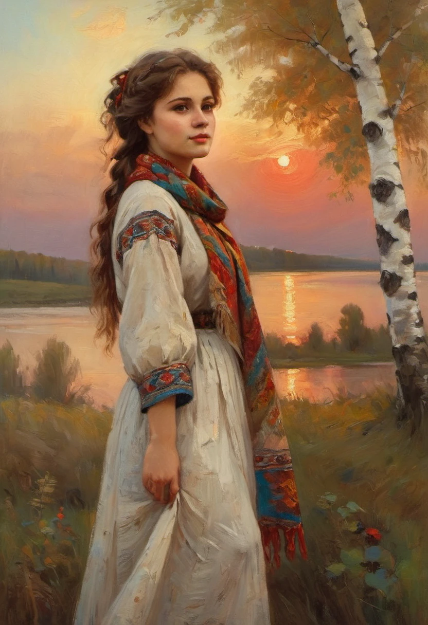 a young Russian girl, against the background of a scarlet sunset, complex detailing, aged canvas, "the girl by the white birch" (in the style of Konstantin Makovsky, depicted in oil on canvas),
depicts a beautiful girl with brown hair in a scarf, dressed in a top and maxi skirt with patterns and knitting, a birch branch with silk multicolored ribbons((background: high bank of the white birch river in cheerful colors,
stunning, highly detailed, 8k, ornate, intricate, vintage, dehydrated, atmospheric, scuff gradient,
(oil painting: 0.75), (splash: 0.75), (turquoise: 0.2), (orange: 0.2), (pink:0.33), 
 (Jeremy Mann: 0.5), (John Constable: 0.1),
((El Greco: 0.5),(acrylic paint: 0.75), 8k (())e