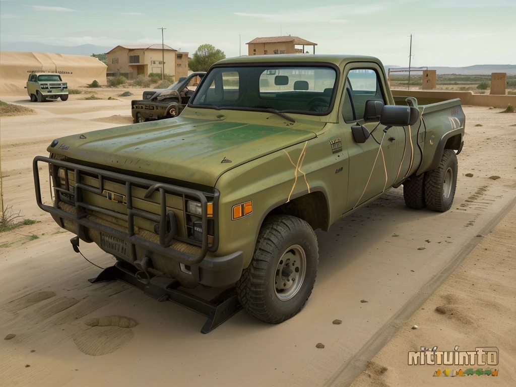 chevrolet pick up modelo 1988, 6x6 neumaticos todo terreno, doble cabina 4 puertas, pintada camouflaje verde marron y beige, letrero policia nacional pintado en las puertas, imagen panoramica angular completa, hiperreal y fotografica reluciente