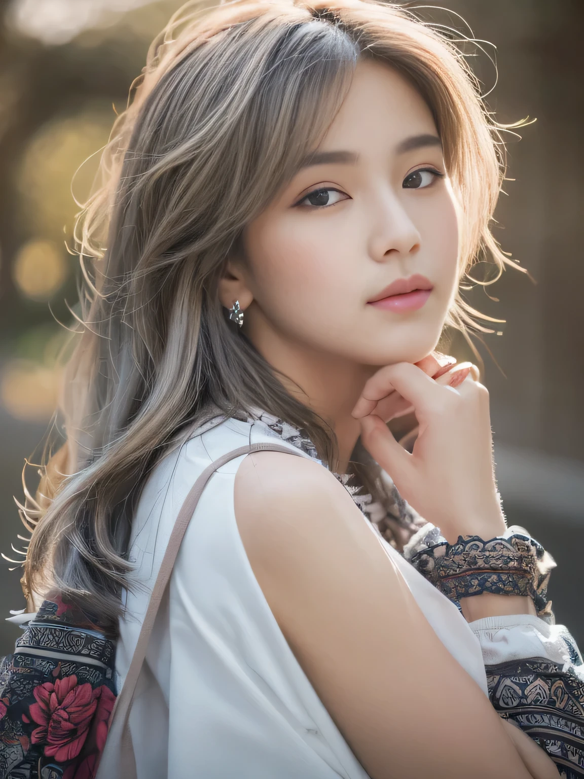 (Masterpiece, Top Quality, Best Quality, Official Art, Depth of Field, Beauty and Aesthetics: 1.2), Pinnacle Rendering, Realistic Rendering, (1girl), Extreme Detail, Colorful, Supreme Detail, Official Art, Unified 8k Wallpaper, Ultra Detailed, Shy, Shy, Shy, Blushing, Beautiful and Aesthetic, Beautiful, Masterpiece, Best Quality, Bare Shoulder, ((SIlver Hair)), (Zentangle, Mandala, Tangle, Entangle), Strips of Cloth, Fingers All Hidden Without Showing, Small Mouth Closed, Outside