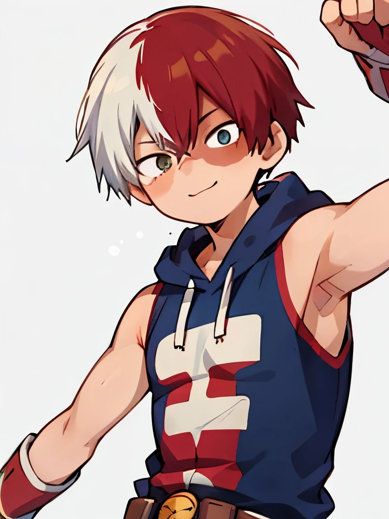 Highres, Masterpiece, Best quality at best,High-quality illustrations, Best Quality,hight quality, horikoshi kouhei, 1boy, Boy, Young boy, Todoroki shouto, bangs, blue eyes, blurry, Blurry background, boku no hero academia, burn scar, closed mouth, (Showing armpit:1.3), Sleeveless hoodie, Slim body, Belt, gugugunogu, heterochromia, multicolored hair, red hair, scar, scar on face, smile, solo, white hair, yellow eyes