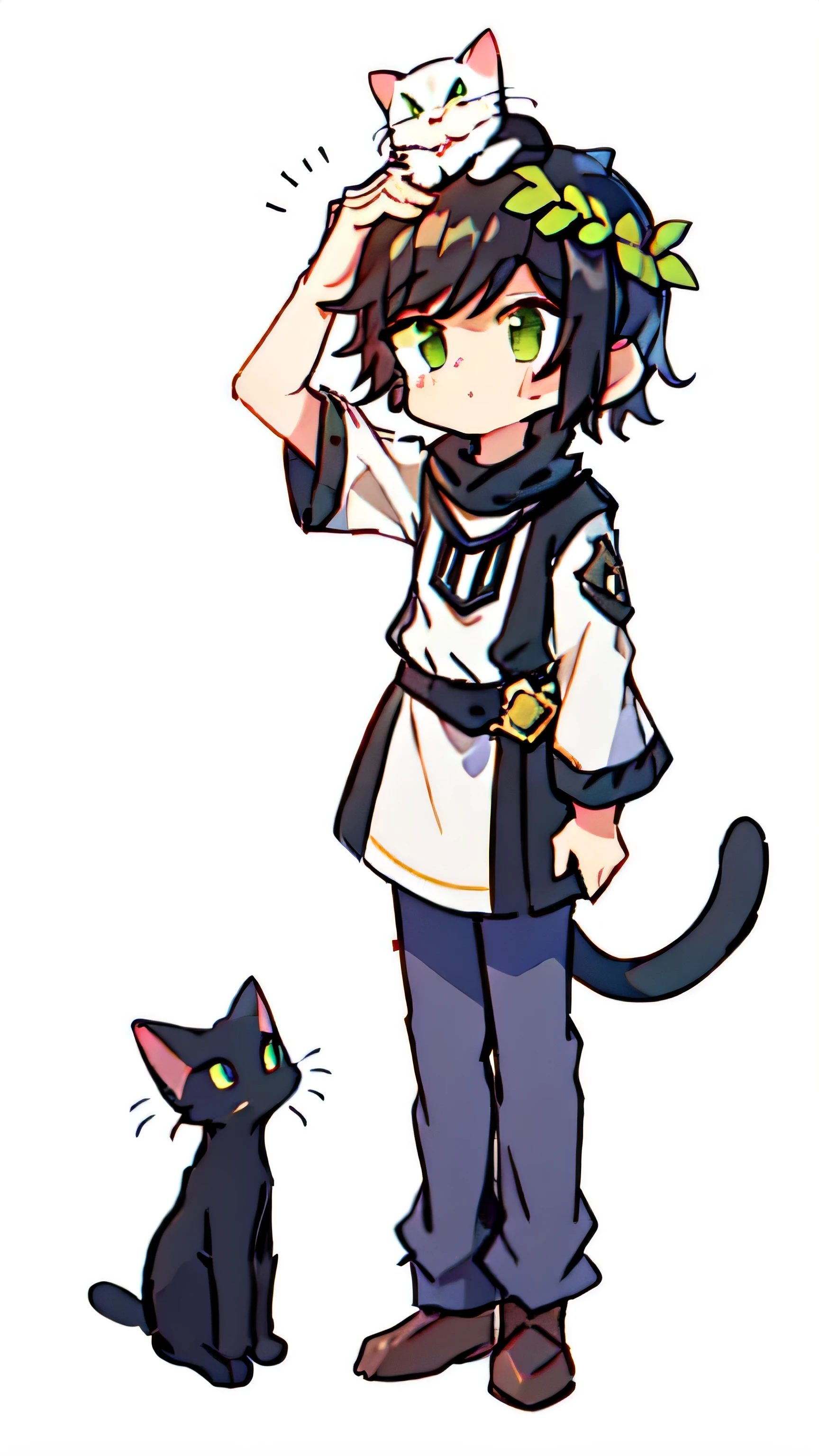 1boy , boy , white tunic clothes , black hair , green eyes , acient dress , white clothes with red ,green wreath around the ear , with a cat , small cat , patting , hand on head