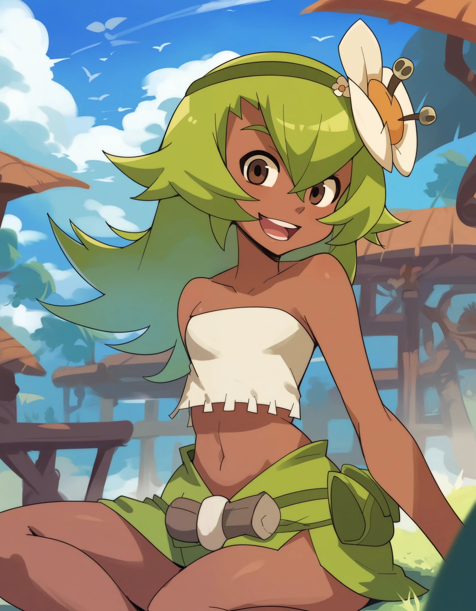 (score_9, score_8_up), score_7_up, score_6_up,  anime screenshot, looking at viewer, clouds
1girl, amalia sheran sharm, green hair, green hairband, hair ornament, hair flower, dark skin, brown eyes, strapless, tube top, leaf skirt, 
looking at viewer, open mouth, upper body,  sitting, on ground,