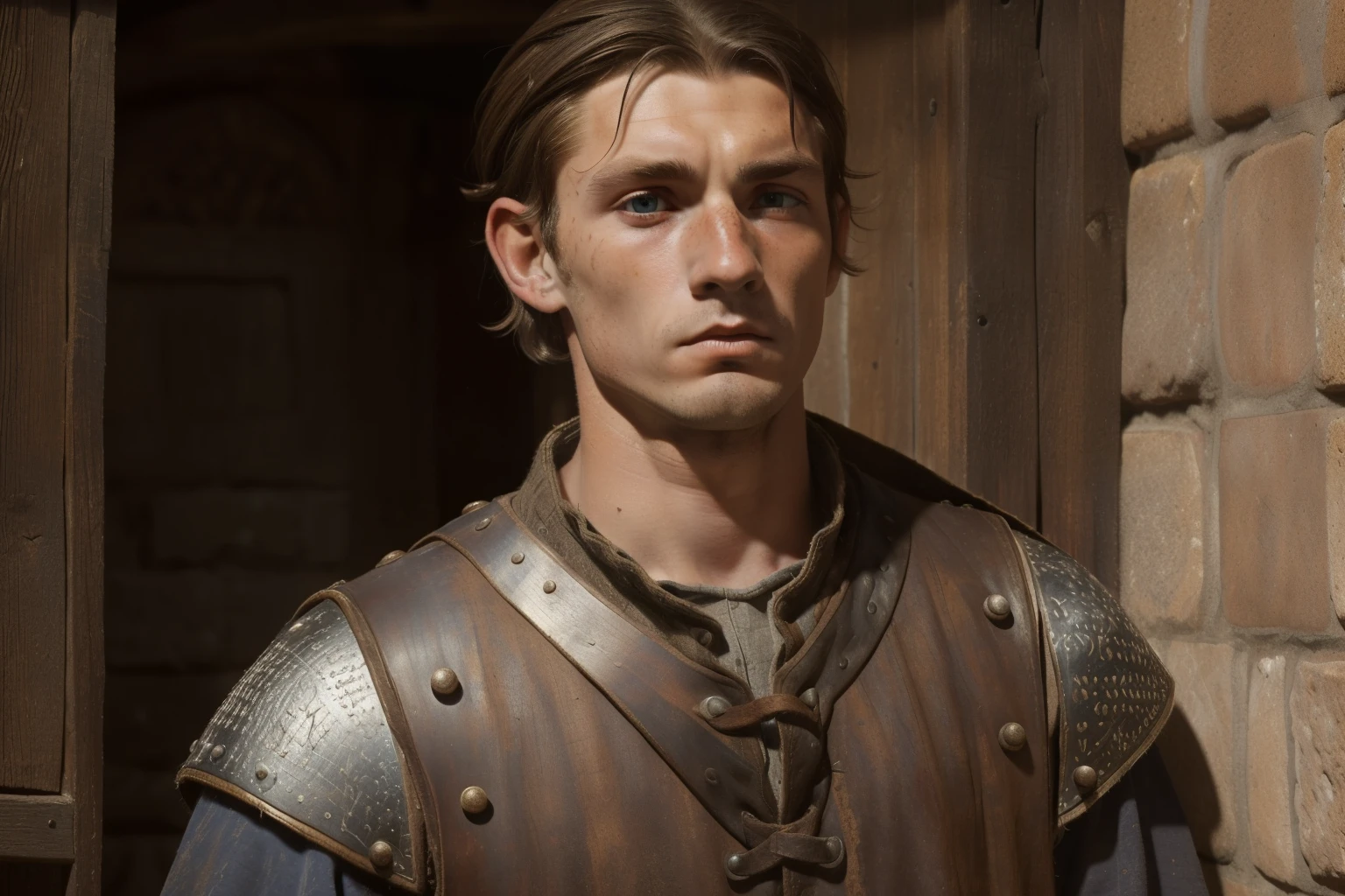 England, 1361. ((((23-year-old)) Sam)), intense eyes, ambitious, tall, athletic, strong, rustic, freckles all over his face, ((sad and ashamed expression)), ((((clothing from the 1360s)))), ((dark hairstyle of the 1360s))
