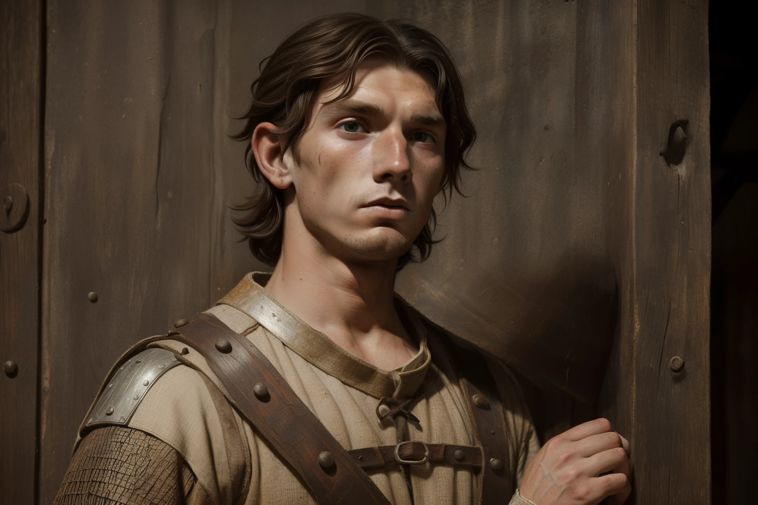 England, 1361. ((((23-year-old)) Sam)), intense eyes, ambitious, tall, athletic, strong, rustic, freckles all over his face, ((sad and ashamed expression)), ((((clothing from the 1360s)))), ((dark hairstyle of the 1360s))