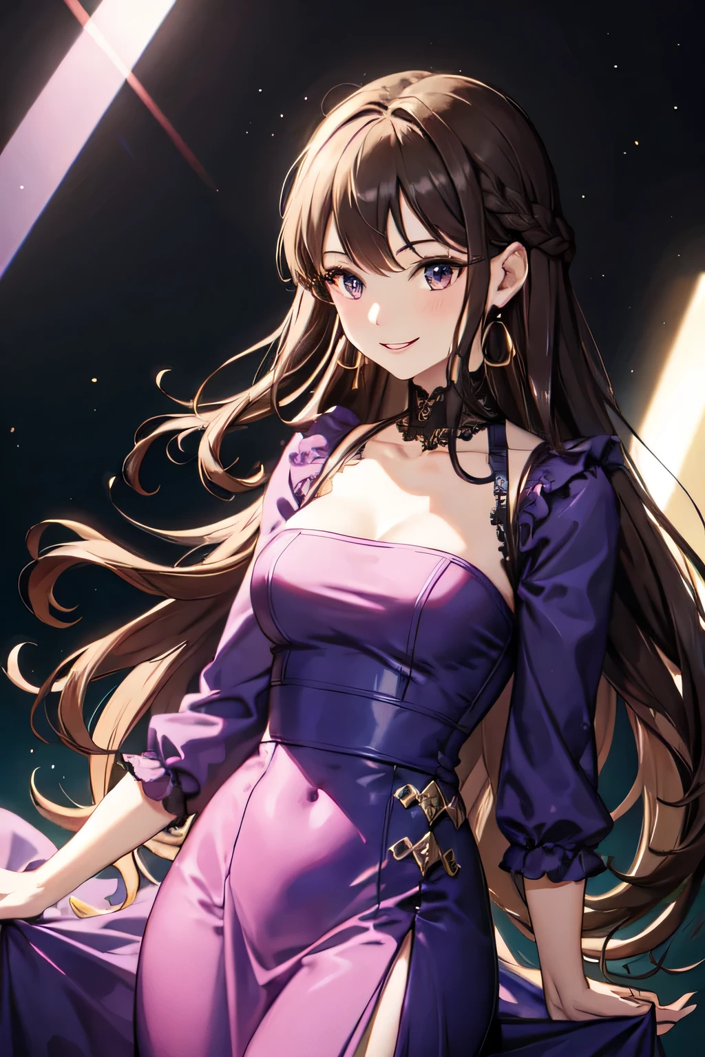 mature, female, upstage, brown curly hair, long hair, smiling face, Purple dress, colorful earrings, smart, neat,
