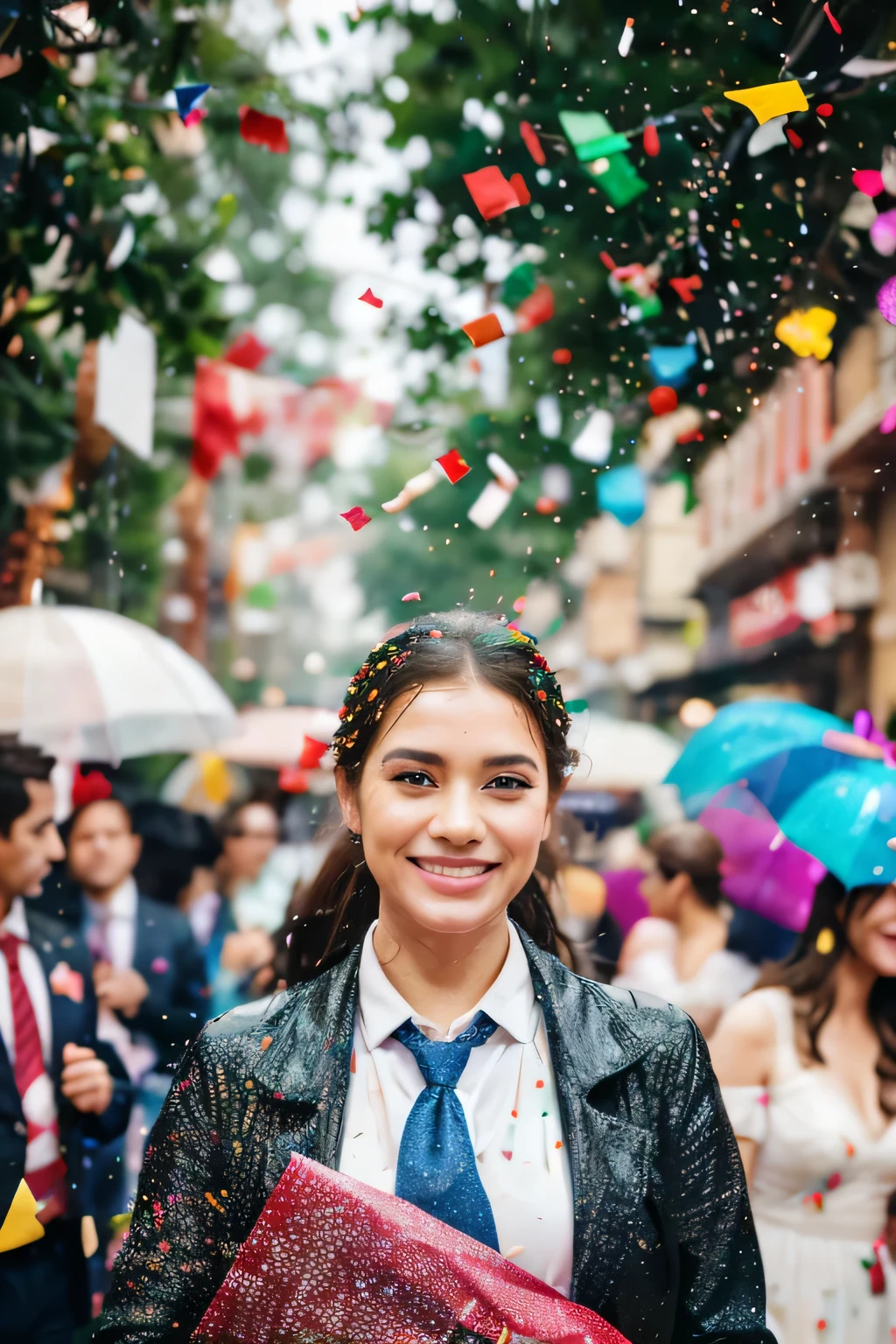 umbrella in hand. raining confetti. blurred confetti in front of the camera, festive woman in the background