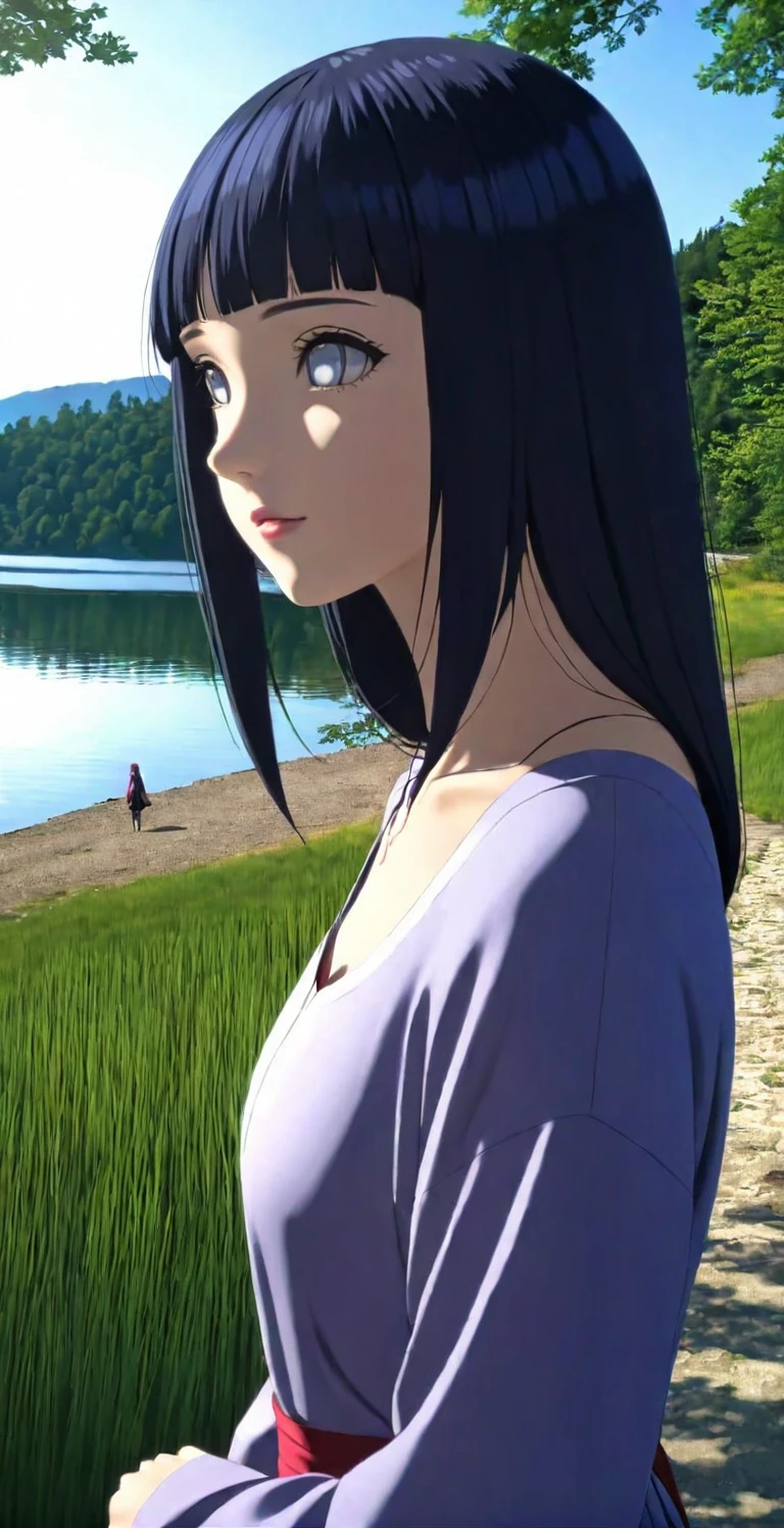 close-up from side, (adult-Hinata) walk next to lake, [enchanting, surreal, studio lighting, HDR, UHD, K]