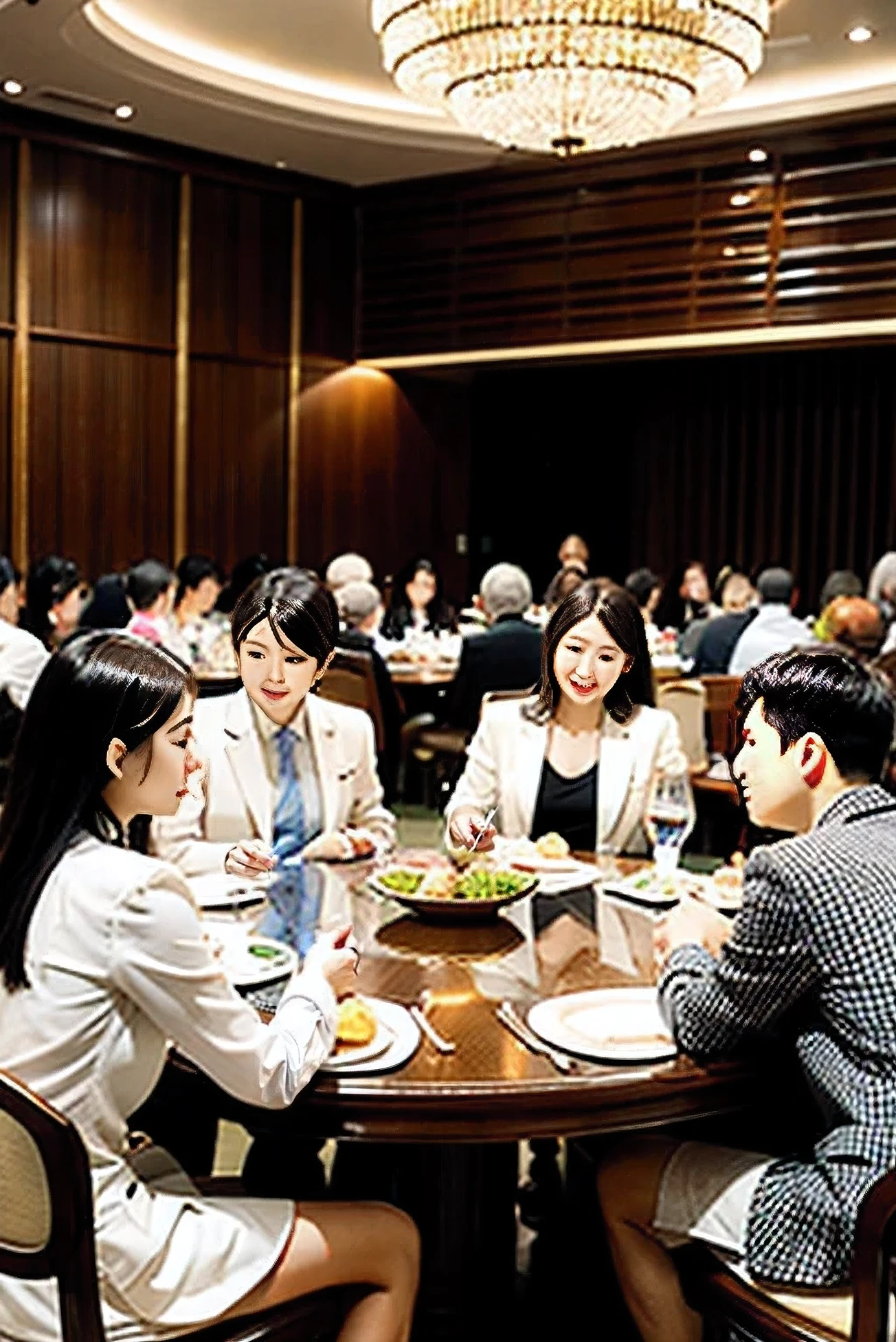The hotel is very big,A round table,13 seats around the table,The table is based on the center of the round table,Chinese delicacies are arranged at intervals,Someone is doing it at every seat,no empty seats,Everyone's facial expression is happy,Holding wine glass in hand,The men are all wearing shirts and suit jackets,Women's professional shirt and suit skirt