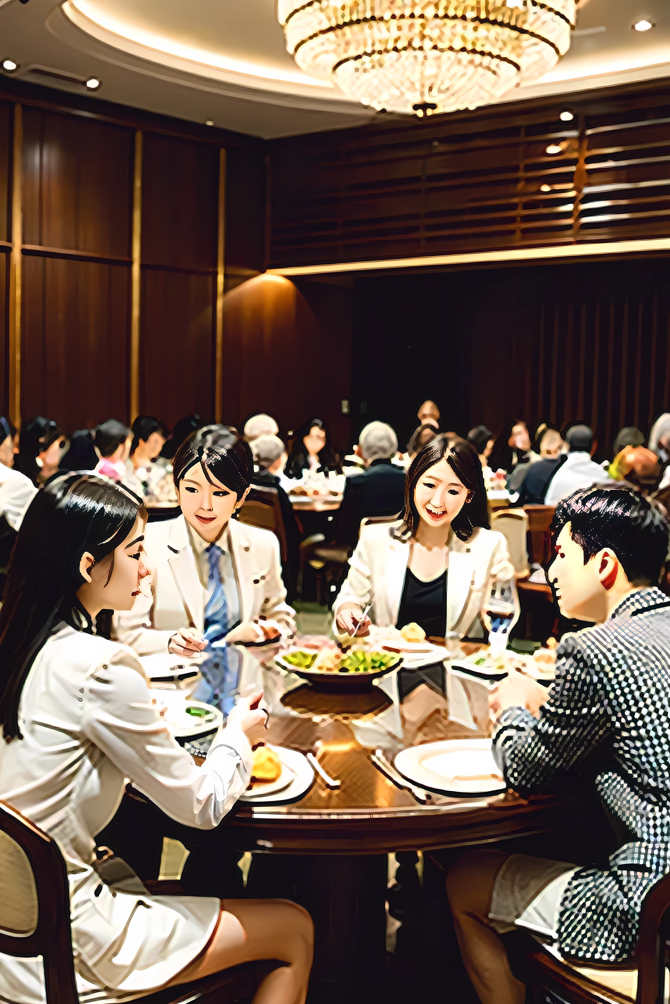 The hotel is very big，A round table，13 seats around the table，The table is based on the center of the round table，Chinese delicacies are arranged at intervals，Someone is doing it at every seat，no empty seats，Everyone&#39;s facial expression is happy，Holding wine glass in hand，The men are all wearing shirts and suit jackets，Women&#39;s professional shirt and suit skirt