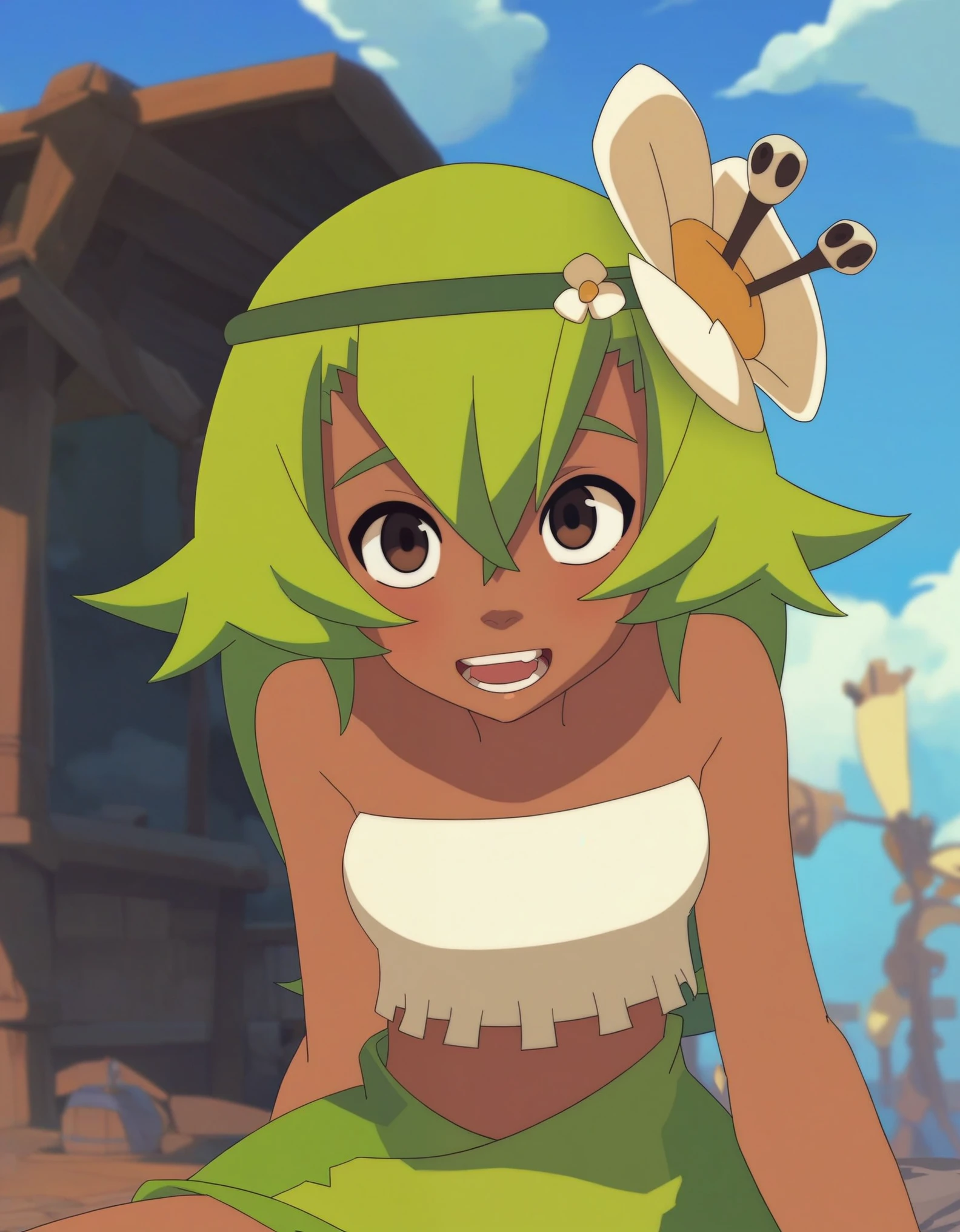 (score_9, score_8_up), score_7_up, score_6_up,  anime screenshot, looking at viewer, clouds
1girl, amalia sheran sharm, green hair, green hairband, hair ornament, hair flower, dark skin, brown eyes, strapless, tube top, leaf skirt, 
looking at viewer, open mouth, upper body,  sitting, on ground,