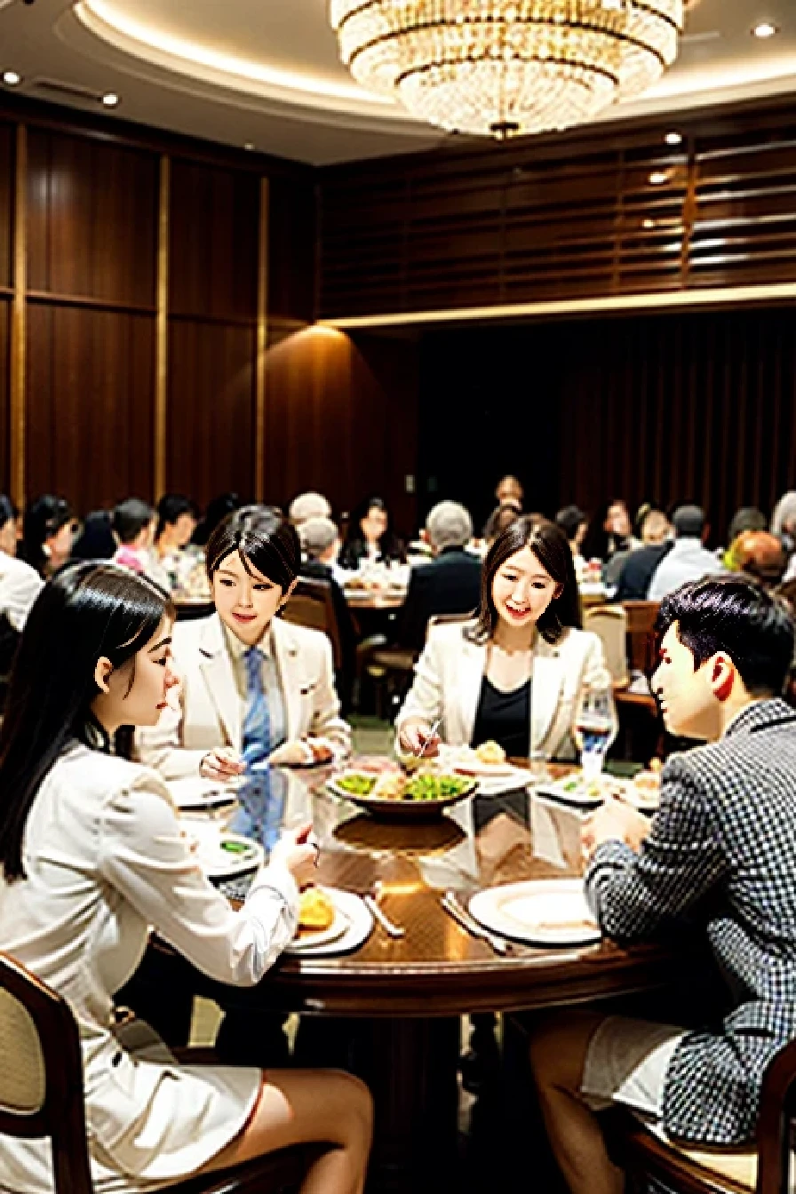 The hotel is very big，A round table，13 seats around the table，The table is based on the center of the round table，Chinese delicacies are arranged at intervals，Someone is doing it at every seat，no empty seats，Everyone&#39;s facial expression is happy，Holding wine glass in hand，The men are all wearing shirts and suit jackets，Women&#39;s professional shirt and suit skirt