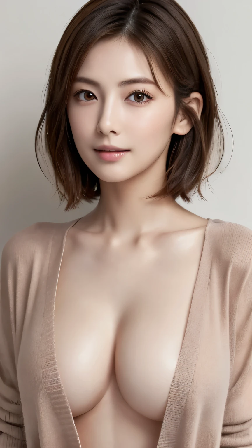 (masterpiece:1.3), (8K, Photoreal, Raw photo, best image quality: 1.4), Japanese, (1 girl), beautiful face, (lifelike face), (short hair:1.3), beautiful hairstyle, realistic eyes, beautiful eyes, (real looking skin), beautiful skin, charm, 超A high resolution, surreal, high detail,, detail makeup,see the beholder,slightly larger breasts、nude、office、trimmed pubic hair、((whole body))、I can see the cleavage、standing、Wear a cardigan over your naked body、I can see the nipples、private parts are visible、The whole chest is visible、