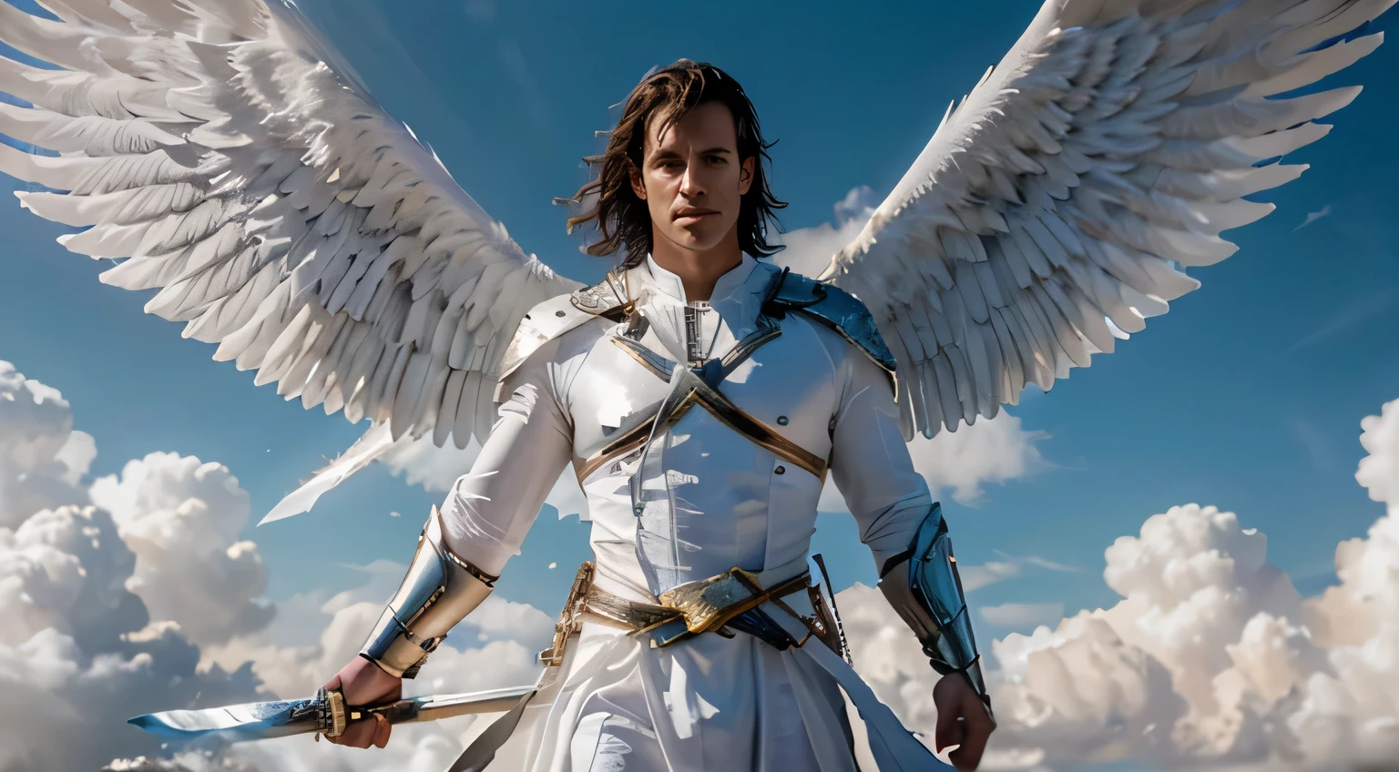 Strong angelic being, celestial entity, strong, male, white clothes, fully dressed, sword, powerful, magical, 4k, raw, art, full body, white light, clouds, wings, henry cavill, sy light radiating from face, white light face 8k, full hd, painting