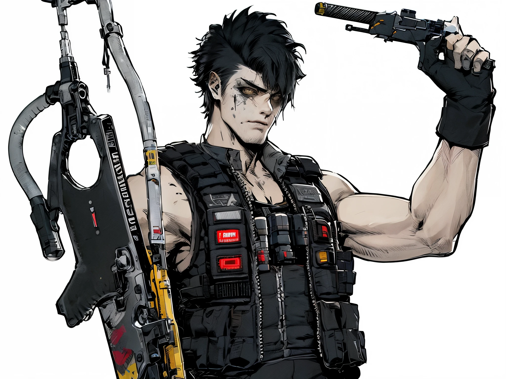 post-apocalypse, Doomsday wasteland style, concept art, character painting, 1boy, solo, male focus, correct hands, detailed hands, detailed body, detailed face, black hair, punk haircut, white background, bulletproof vest, holding, military vest, business suit, solo, standing, horror, science fiction, simple background, opened arms