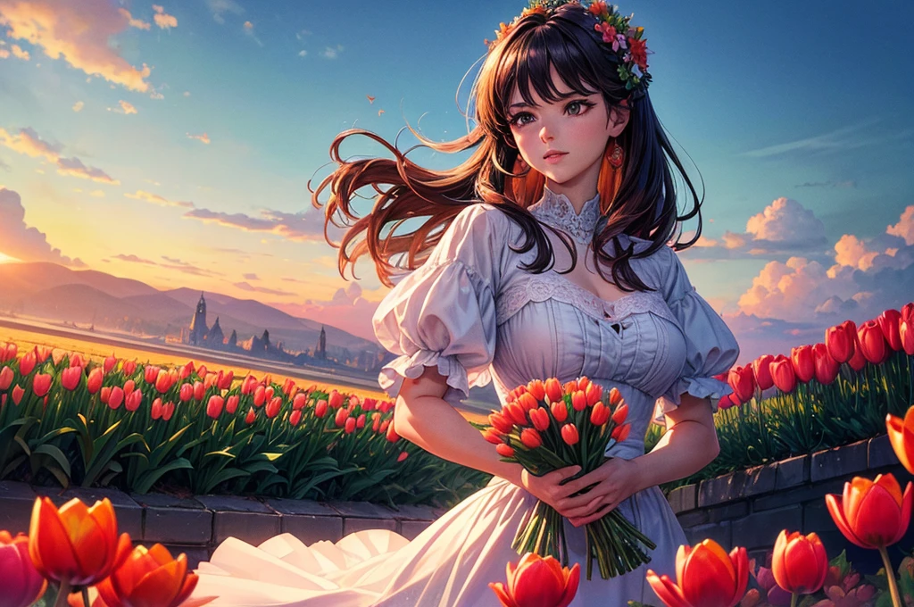 (masterpiece), (best quality), (very aesthetic), (ultra-detailed), (best illustration), realistic, morning, spring, sunrise, colorful tulips, wide angle, lady point, swallows,