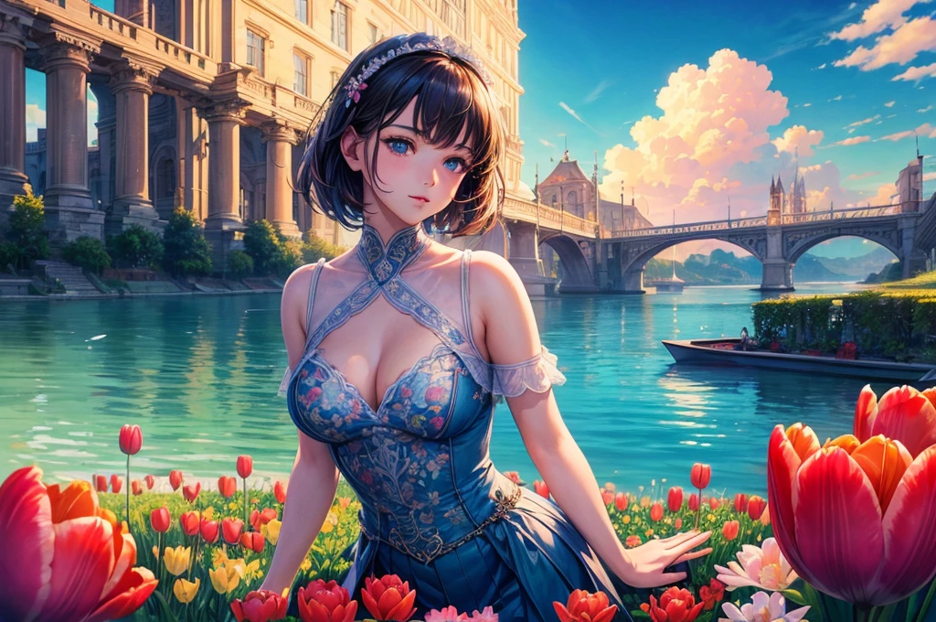 (masterpiece), (best quality), (very aesthetic), (ultra-detailed), (best illustration), realistic, morning, spring, sunrise, colorful tulips, wide angle, lady point, swallows,