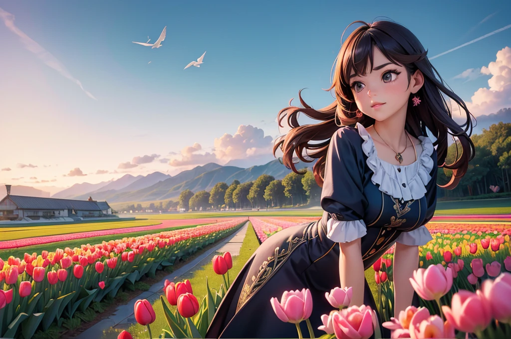 (masterpiece), (best quality), (very aesthetic), (ultra-detailed), (best illustration), realistic, morning, spring, sunrise, colorful tulips, wide angle, lady point, swallows,