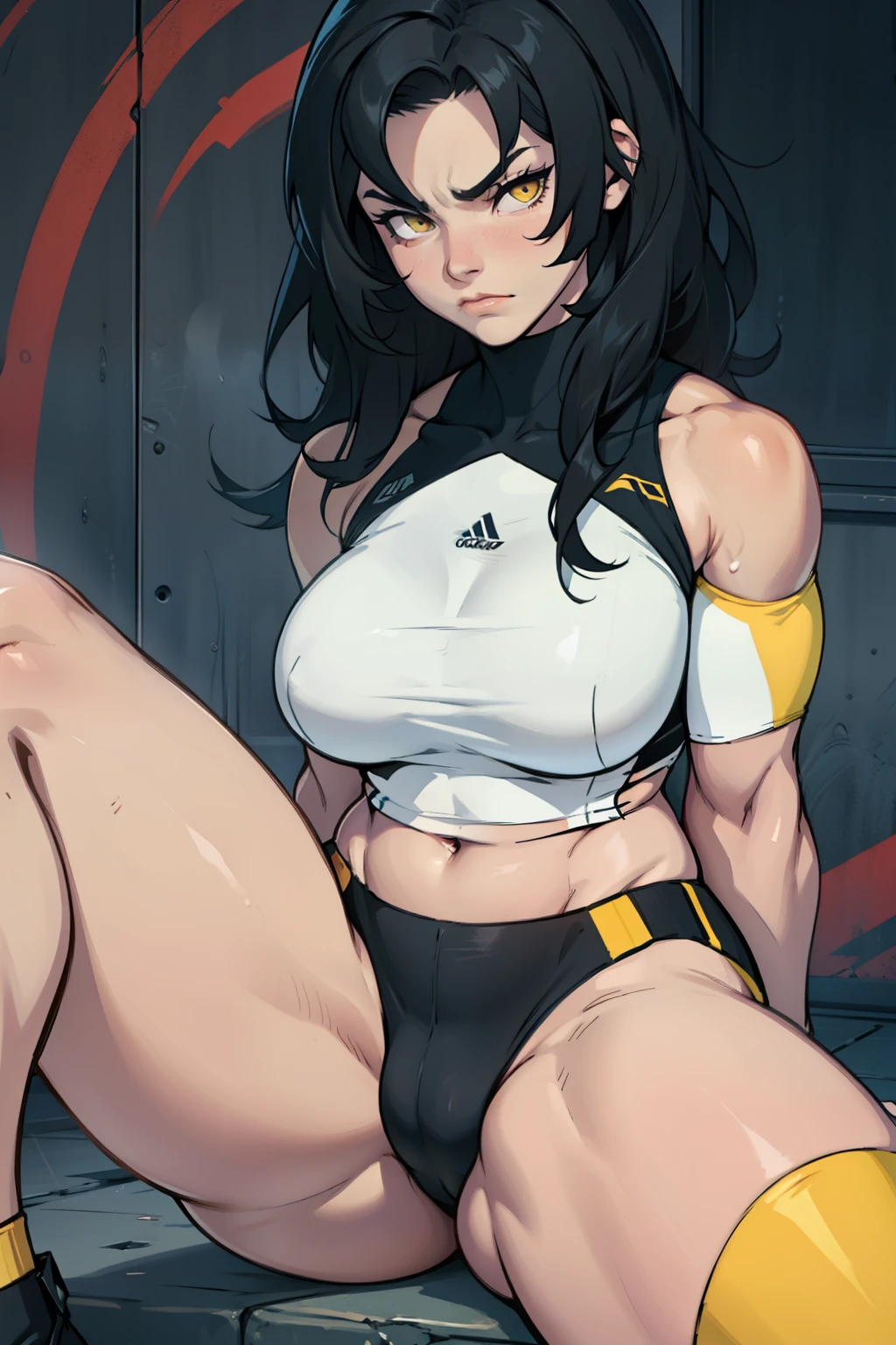 muscle breasts thighs girl pale skin black hair yellow eyes frown close up