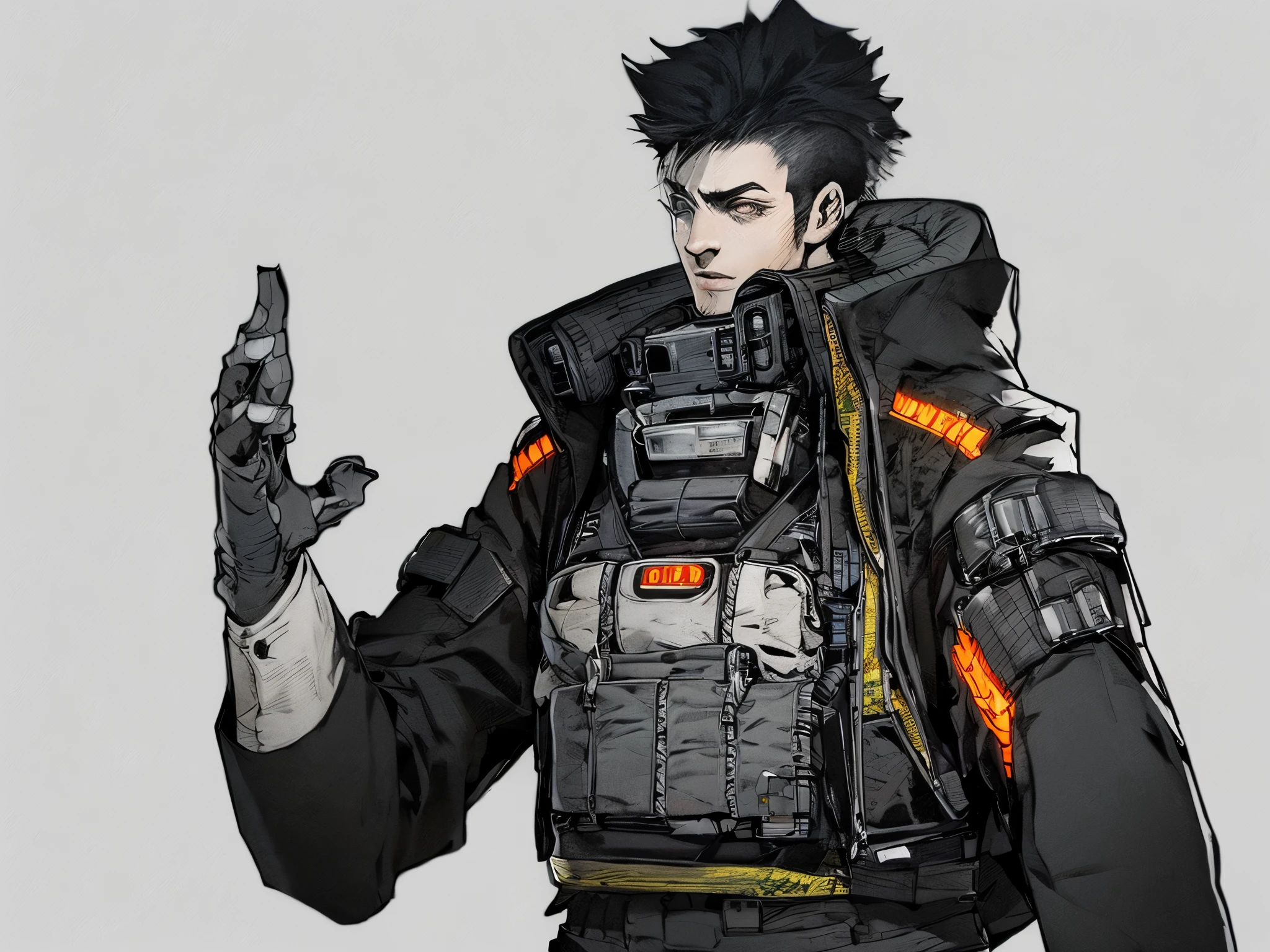 post-apocalypse, Doomsday wasteland style, concept art, character painting, 1boy, solo, male focus, correct hands, detailed hands, detailed body, detailed face, black hair, punk haircut, white background, bulletproof vest, holding, military vest, business suit, solo, standing, horror, science fiction, simple background, opened arms