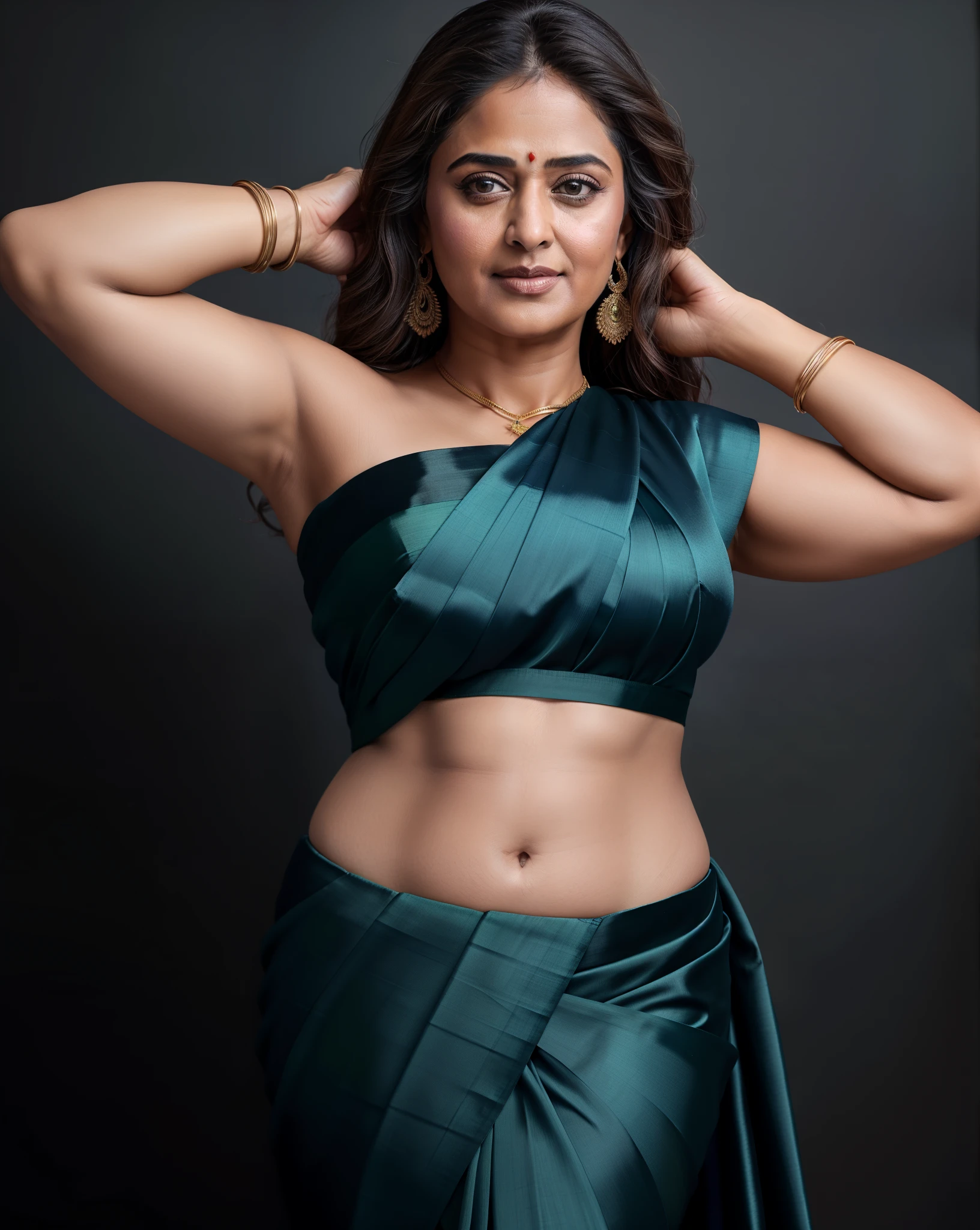 50yo mature MILF Anushka Shetty,((best quality)), ((masterpiece)), ((realistic)), Medusa, full body, the hair composed of countless small snakes, green eyes, female face,metal carved top, royal aura, trend on artstation , sharp focus, studio photo, intricate detail, very detailed, detailed eye, illustration, very detailed, sharp focus, digital render, professional, 4k, low waist saree satin sleeveless saree fashion,, she hates wearing any bra or blouse, thick figure, bulky figure, thick belly, detailed armpits,