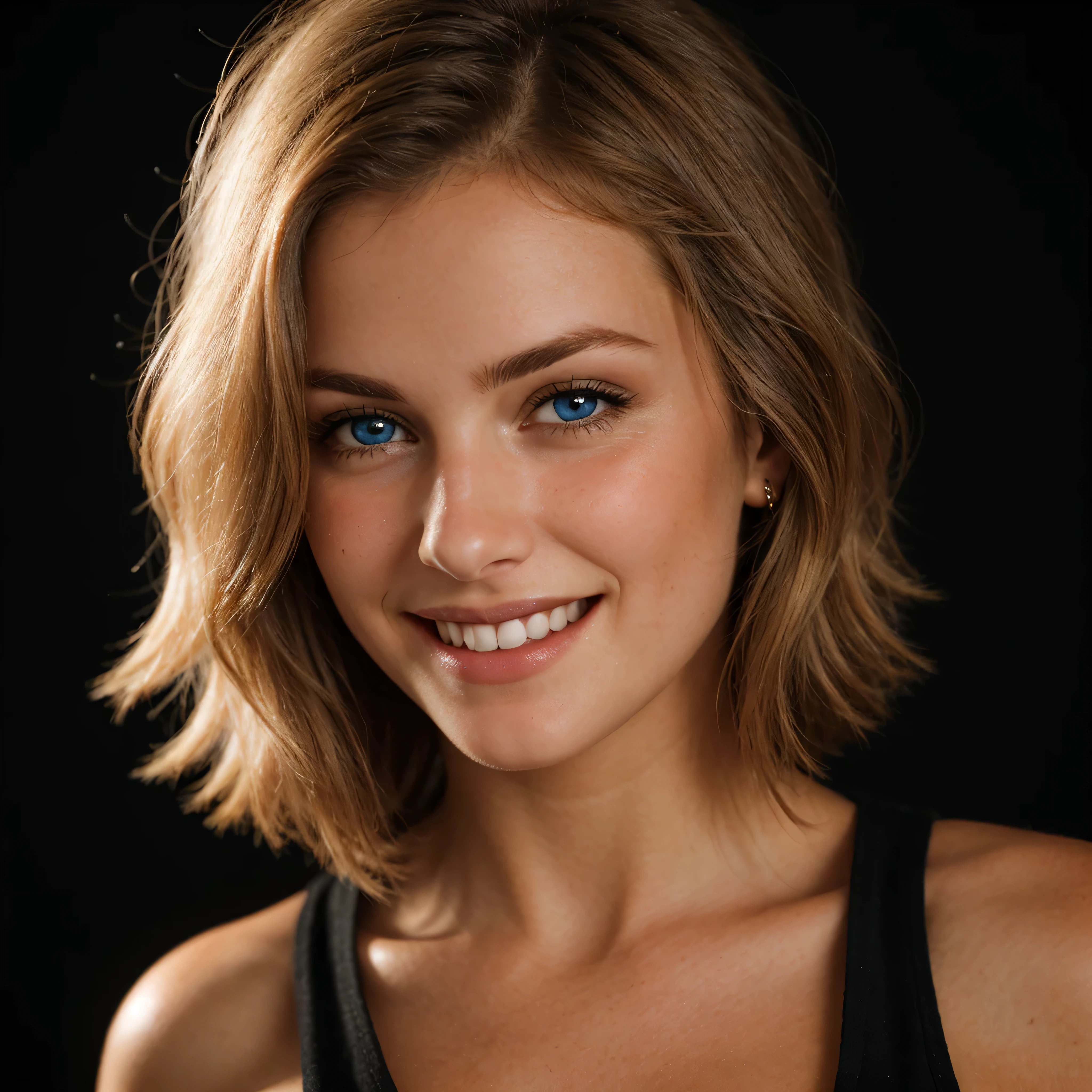 a closeup dark upper body shot photo of a blonde with perfect eyes, smile, dark background