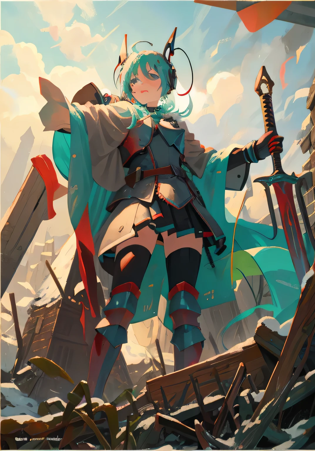 ((masterpiece, best quality, illustration)), chaos theme, horror theme, a girl, cover eyes, mask, , Headgear, Hatsune Miku，, armored dress, cape flottante, Jacket taken off, alone, many plantings_sword, ruins, cloudy sky, snow, dark lights