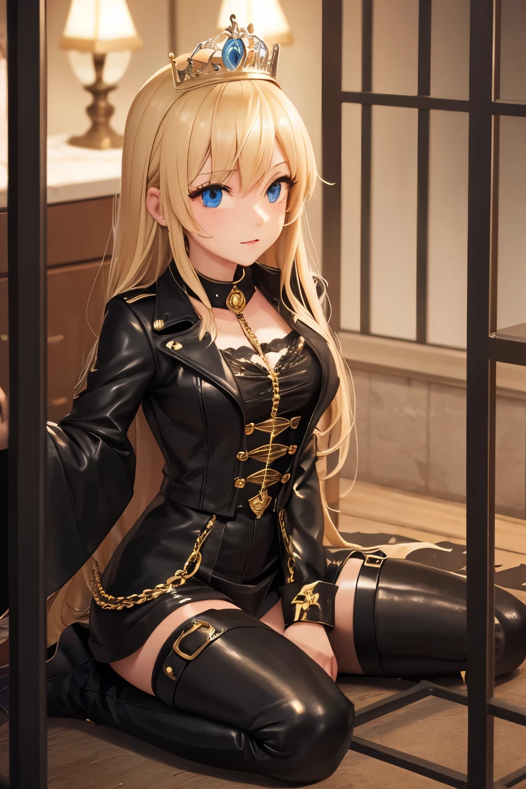 Looking like a royal wonderful sexy young princess, skinny, long blonde hair, leather boots, leather corsage, collar, spikes, black clothes with golden decoration, in a bdsm chamber