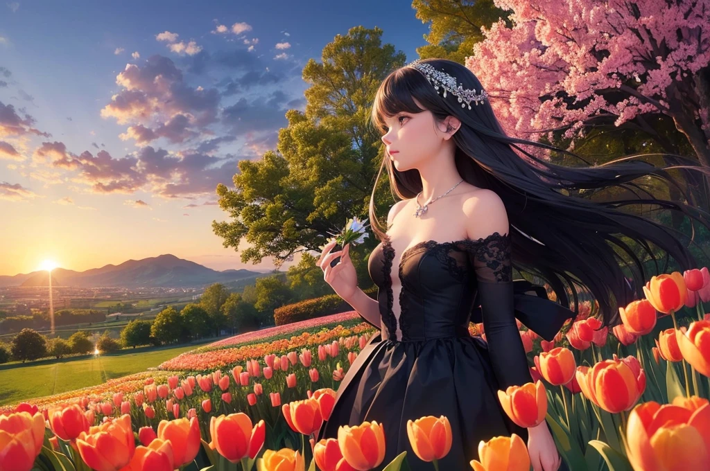 (masterpiece), (best quality), (very aesthetic), (ultra-detailed), (best illustration), realistic, morning, spring, sunrise, colorful tulips, wide angle, lady point, swallows,