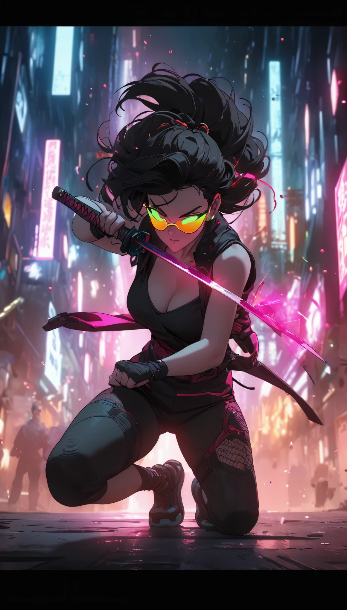 Particles dissipate，ninja，黑红色ninja套装，fighting stance，Swing the katana forward，The sword light flickered，cartoon style，full body portrait，Neon shade::1，Neon special effects，bright colors，cyberpunk风格，best quality，Extreme details，Overclocked rendering，edge lighting，Ultra-fine，masterpiece，8K quality，High resolution，cyberpunk，cinematic perspective  