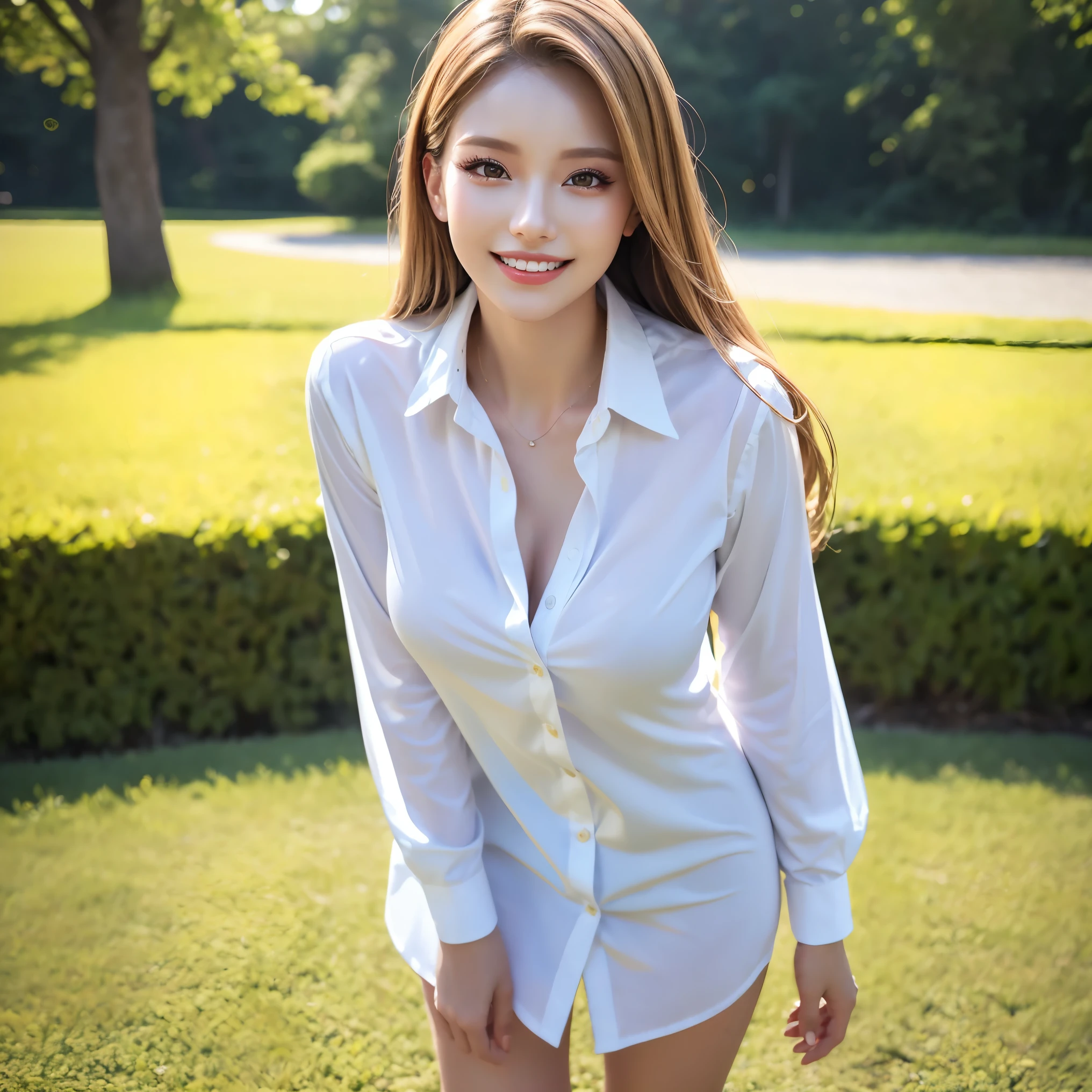 (highest quality、masterpiece、8k、Best image quality、Hyperrealism、Award-winning works)、One high school girl、(The most natural and perfect white polyester collared long sleeve shirt mini dress:1.2)、(Naked and wearing only a polyester shirt:1.5)、(Naked lower body:1.5)、(barefoot:1.5)、(Full body photo:1.1)、Standing Elegantly、(beautiful thick legs:1.1)、Accentuate your body lines、(Big Breasts:1.1)、(Cleavage:1.1)、low length、Glamorous Body、white shining shirt、(Dark blonde wavy hair:1.1)、Standing Elegantly、The best smile when you see me、Strongly blurred background、Park Background、Very bright、Upper body photo、(Accurate anatomy:1.1)、Accentuate your body lines、Perfect Makeup、Long eyelashes、bright lipstick、glossy lips、Ultra high definition glossy skin、(Ultra-high definition, bright and beautiful skin:1.3)、Ultra-high definition glossy lips、Ultra-high definition beautiful teeth, realistic hands, in sassi_di_matera
