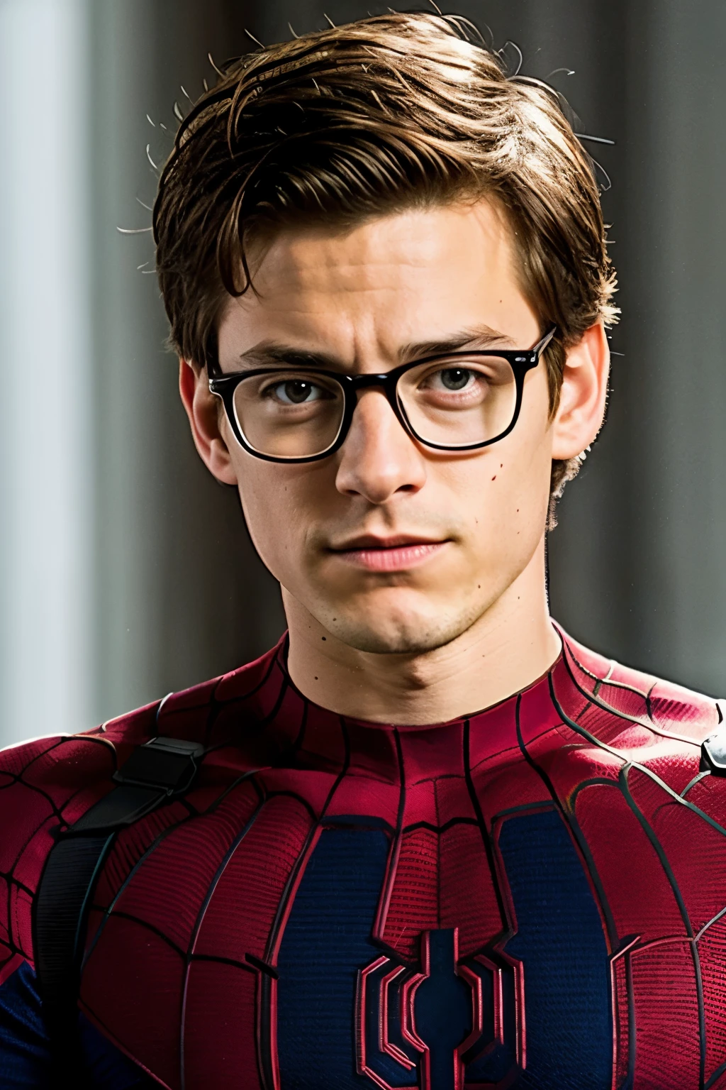 A close up of a person wearing glasses and a spider man suit SeaArt AI