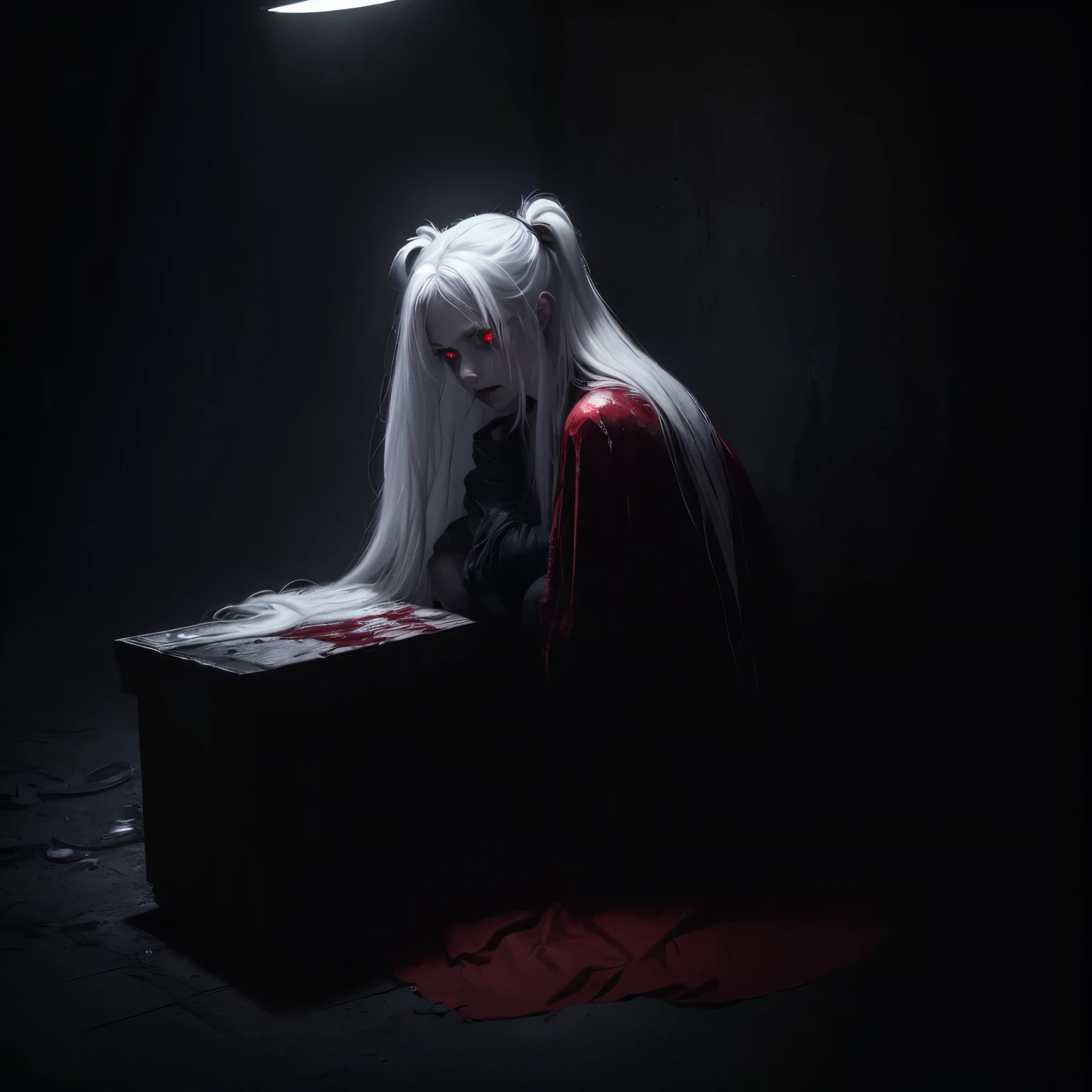 ((Masterpiece, top quality, high resolution)), (portrait), (horror dark art), (dark forest), (Female), (One character), (Alone), (Solo), (Anime), (Ahoge, long white hair), (Faint glowing red eyes), (Bloodied straightjacket), (Red nails), (Sitting on knees and leaning forward), (Insane asylum, white room), (Blood everywhere), (Bloodied clothes), (Holding bloody knife), (Crazy, insane)