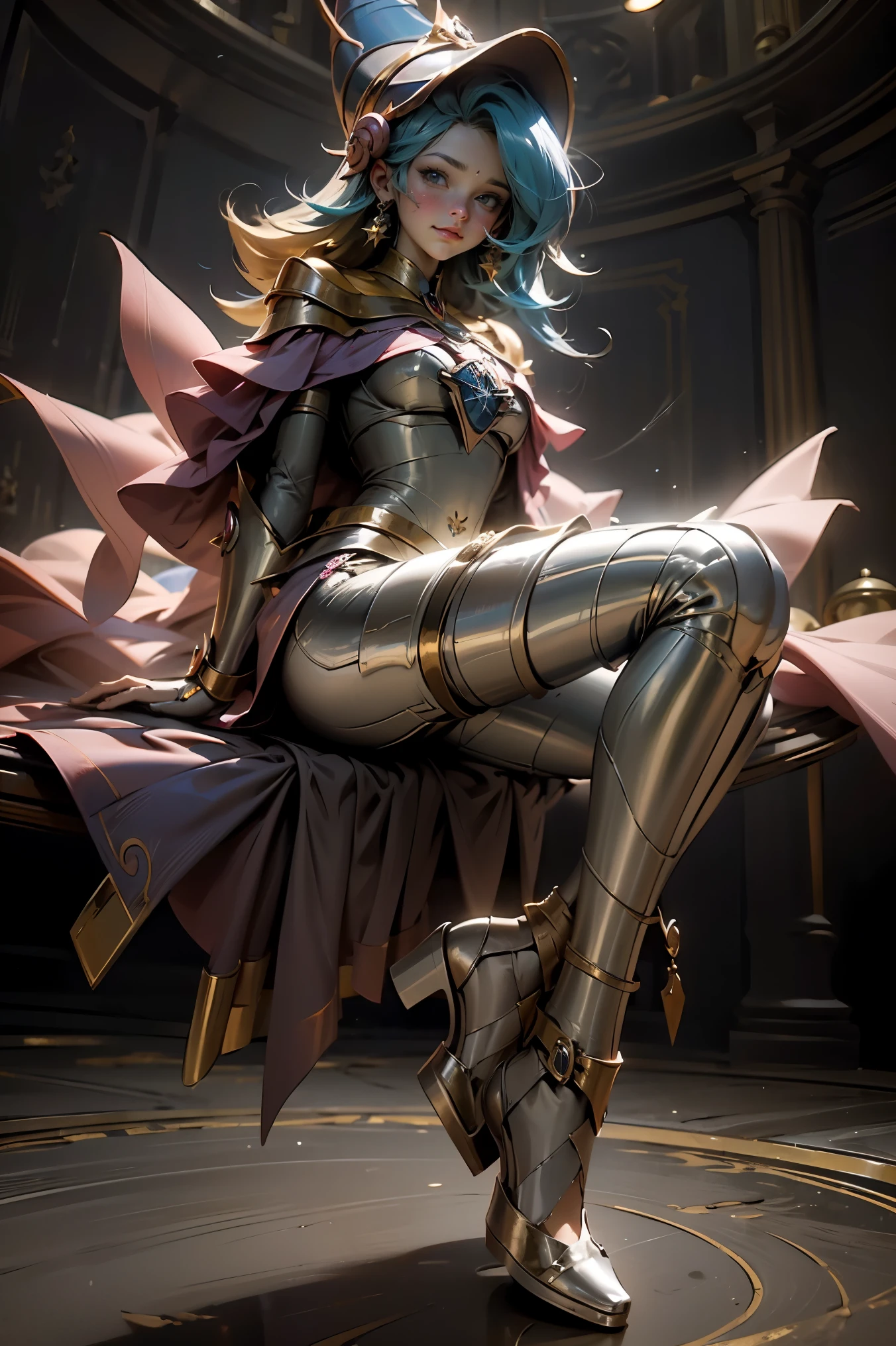 (obra maestra:1.2), (La mejor calidad:1.2), perfect lighting, Chica Maga Oscura lanzando un hechizo, en batalla. flotando en el aire, tetas medianas visibles, escote transparente, bata azul, sombrero grande, desde arriba, Destellos, Yugioh juego, The magic of the heart. LIGHTS OF THE HEART, Romantic heart. Ella usa tacones. Tiene tacones. Usa tacones 
