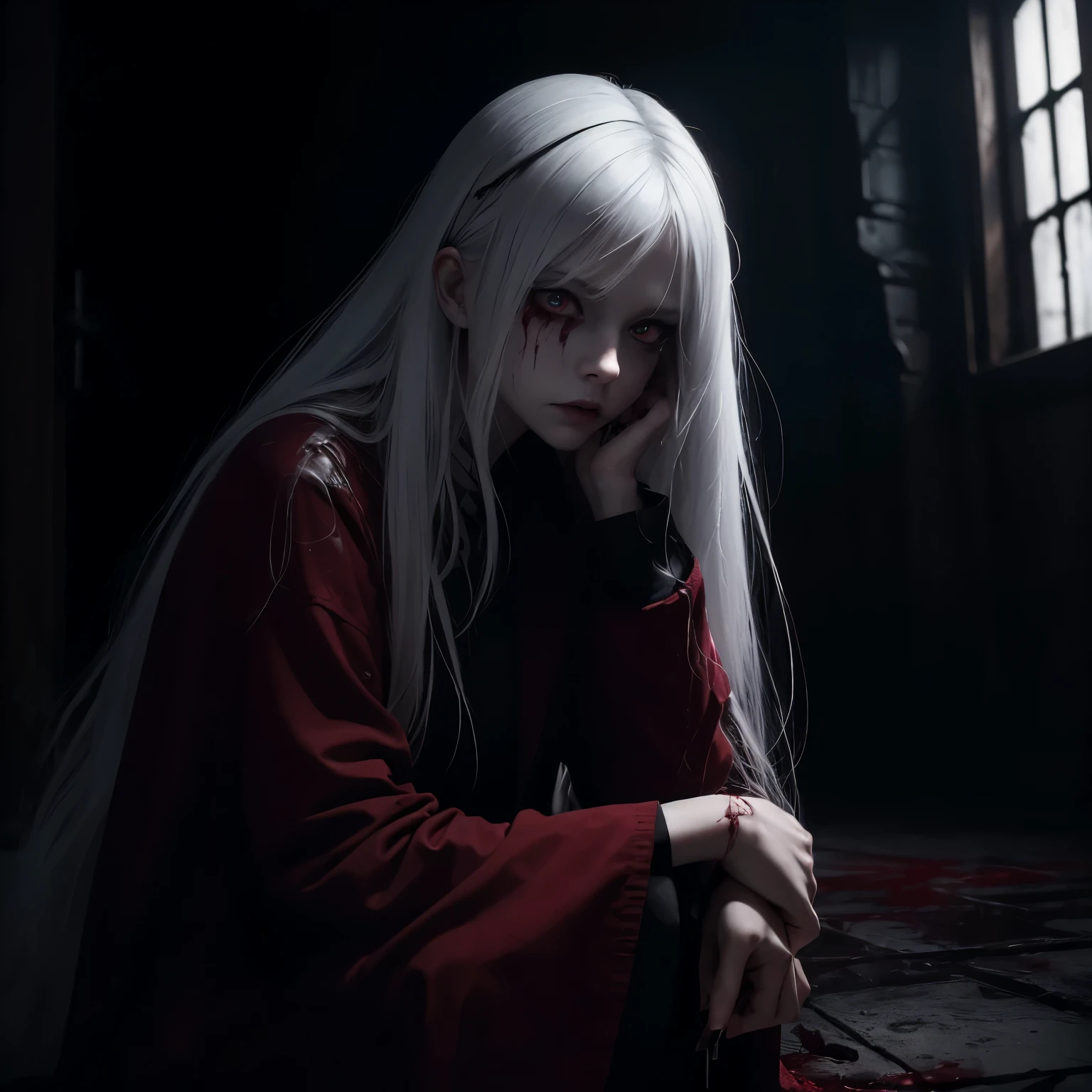 ((Masterpiece, top quality, high resolution)), (close up portrait), (horror dark art), (dark forest), (Female), (One character), (Alone), (Solo), (Anime), (Ahoge, long white hair), (Faint glowing red eyes), (Bloodied straightjacket), (Red nails), (Sitting on knees and leaning forward), (Insane asylum, white room), (Blood everywhere), (Bloodied clothes), (Holding bloody knife), (Crazy, insane)
