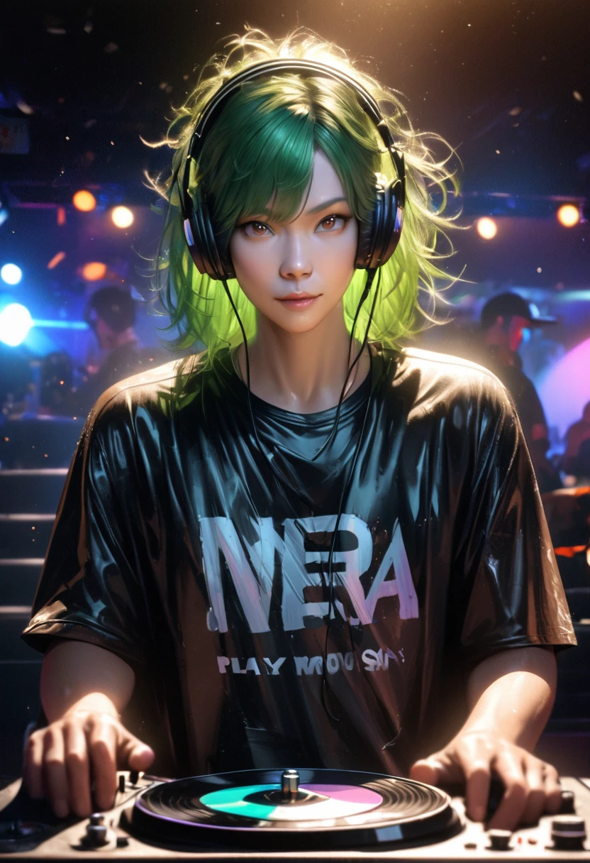 (best quality), (photo-realistic:1),realistic skin texture,bokeh,face focus ,looking at viewer, 1man,DJ，play music，upper body，green hair，head set，messy hair，oversize t-shirt, Motorcycle leather, night club，neno light，color led，record player，stereo equipment，
