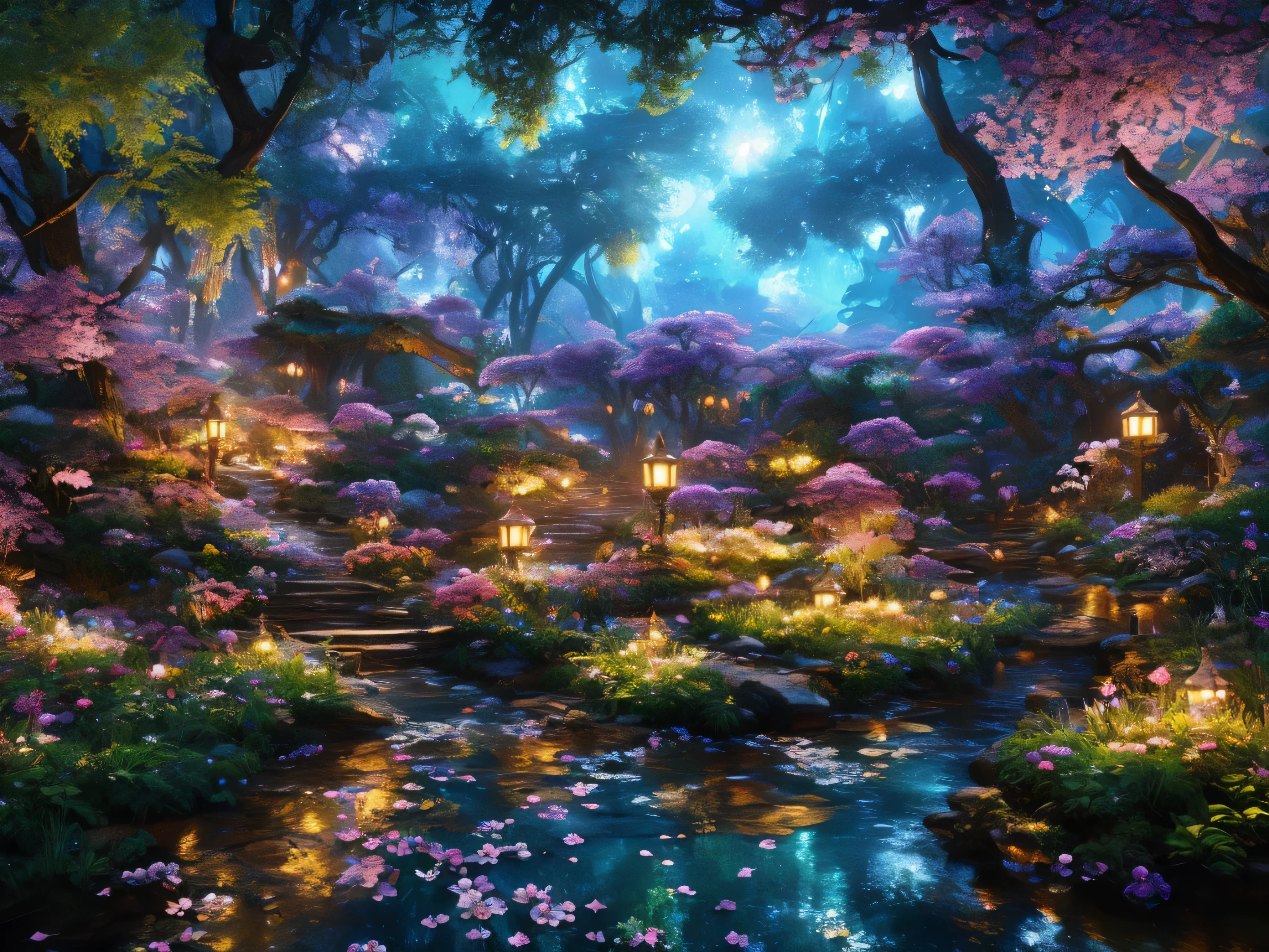 lush fantasy world, beautiful vibrant nature, luminous flowers with delicate petals, vines, starry sky, celestial ethereal fantasy, a masterpiece, 8k resolution, fantasy concept art, dynamic lighting, hyperdetailed, intricately detailed, Splash screen art, trending on Artstation, deep color, Unreal Engine, volumetric lighting, cool colours, gorgeous