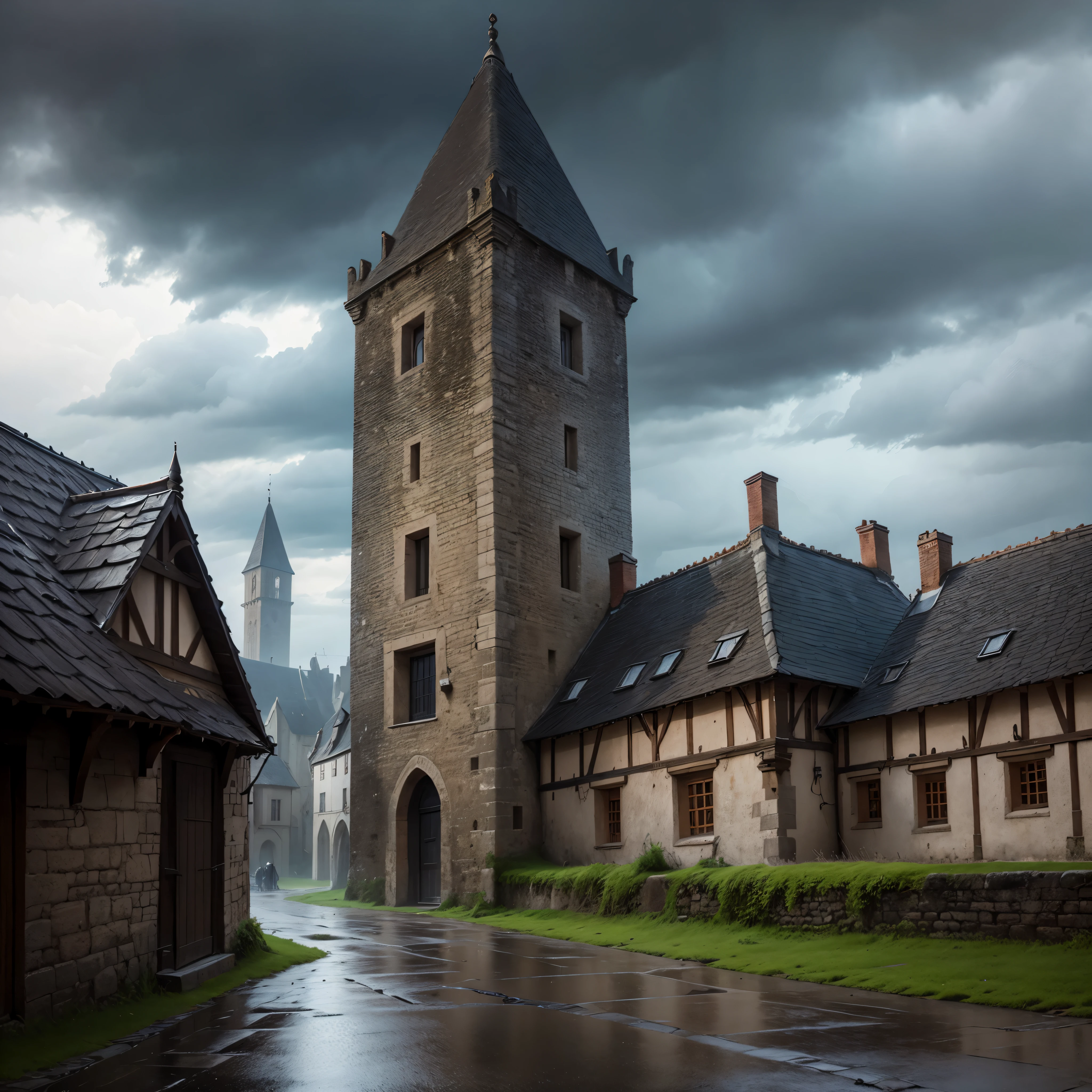 In a medieval city, there is an empire surrounded by high walls, around a humble village, houses somewhat battered, the sky is dark due to the weather, which appears to be rainy, with some dark clouds in the sky.  