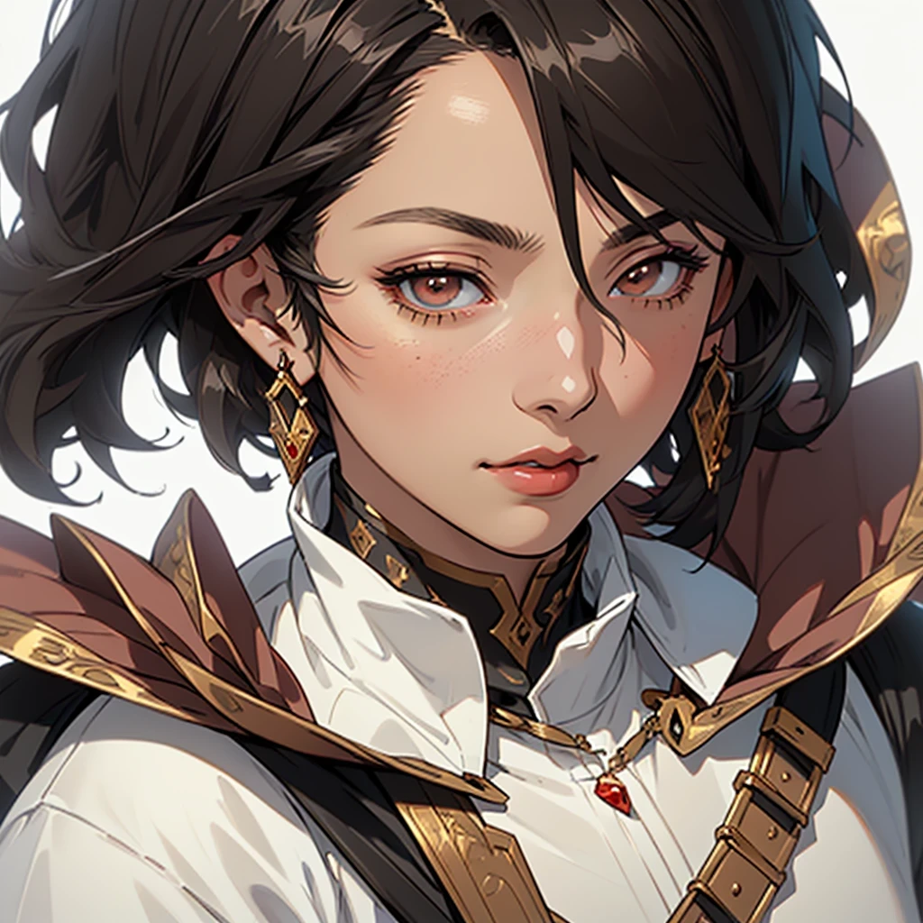 (((anime medieval art))), (((masterpiece))), female, solo, (((close-up face portrait))), detailed composition, (((detailed eyes))), (((white background))), Asian, lipstick, earrings, (((short black hair))), (((brown eyes))), (((wearing bronze witch clothes))), lipstick