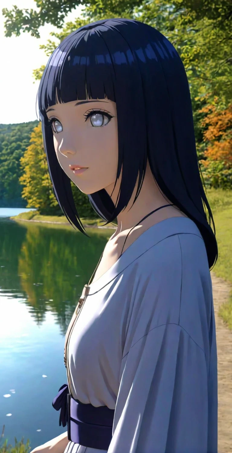 close-up from side, (adult-Hinata) walk next to lake, [enchanting, surreal, studio lighting, HDR, UHD, K]