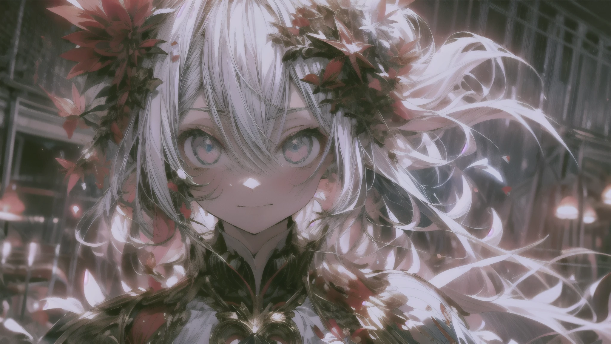 Beautiful illustration, Mejor calidad, cute , (transformation sequence), transform magical girl, chibi, white magical girl, fractal art, albino, cara de bebe, pelo largo de malla blanca y roja pura, hermosos ojos rojos detallados, cinematic lighting, tiro de vaquero, mirando al espectador, desde la parte inferior, feliz