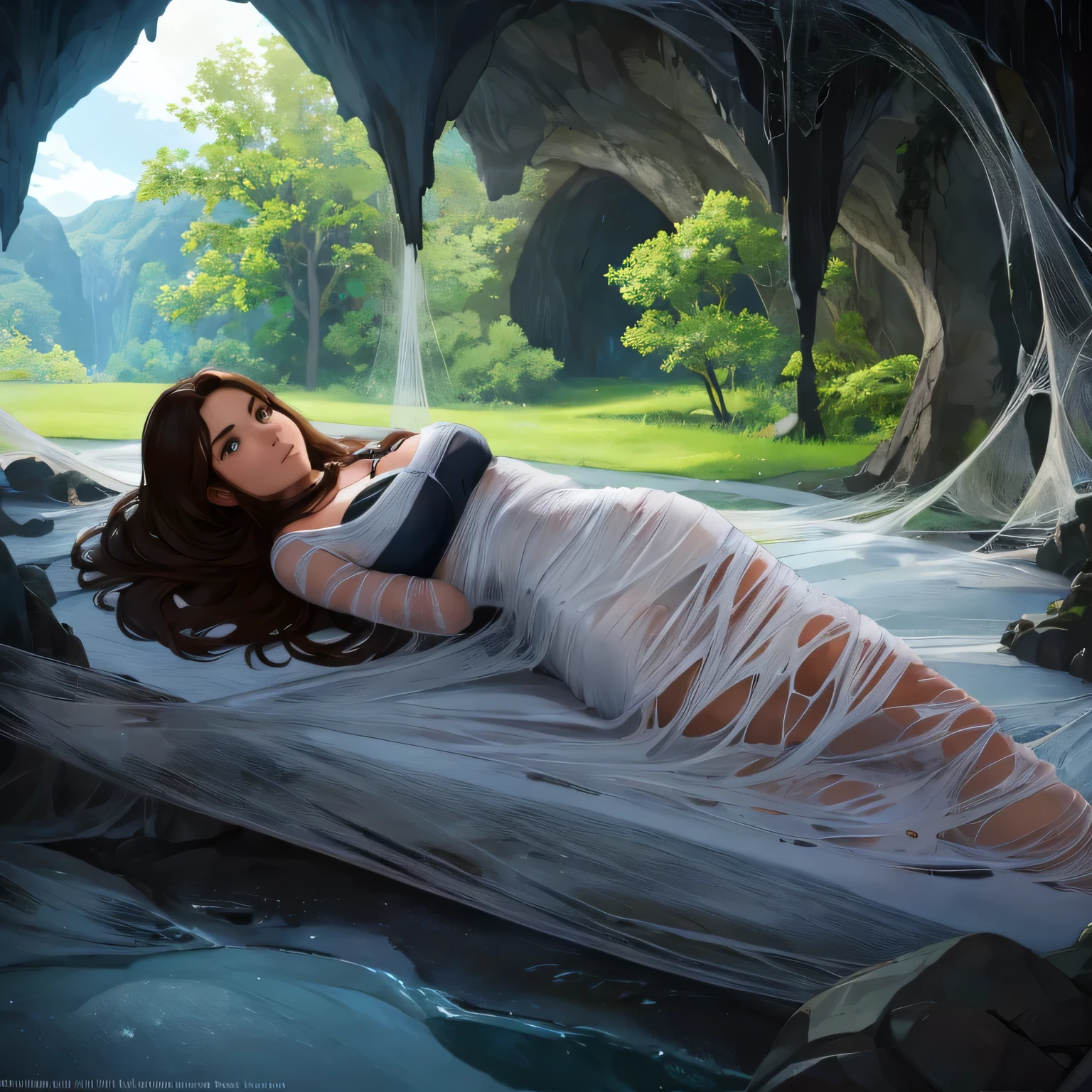 1girl,Spider weaves a net on a girl, very realistic, very detailed,bed,stretched, dark cave, struggle in the net,brown haired, very long sheer skirt,lying down,