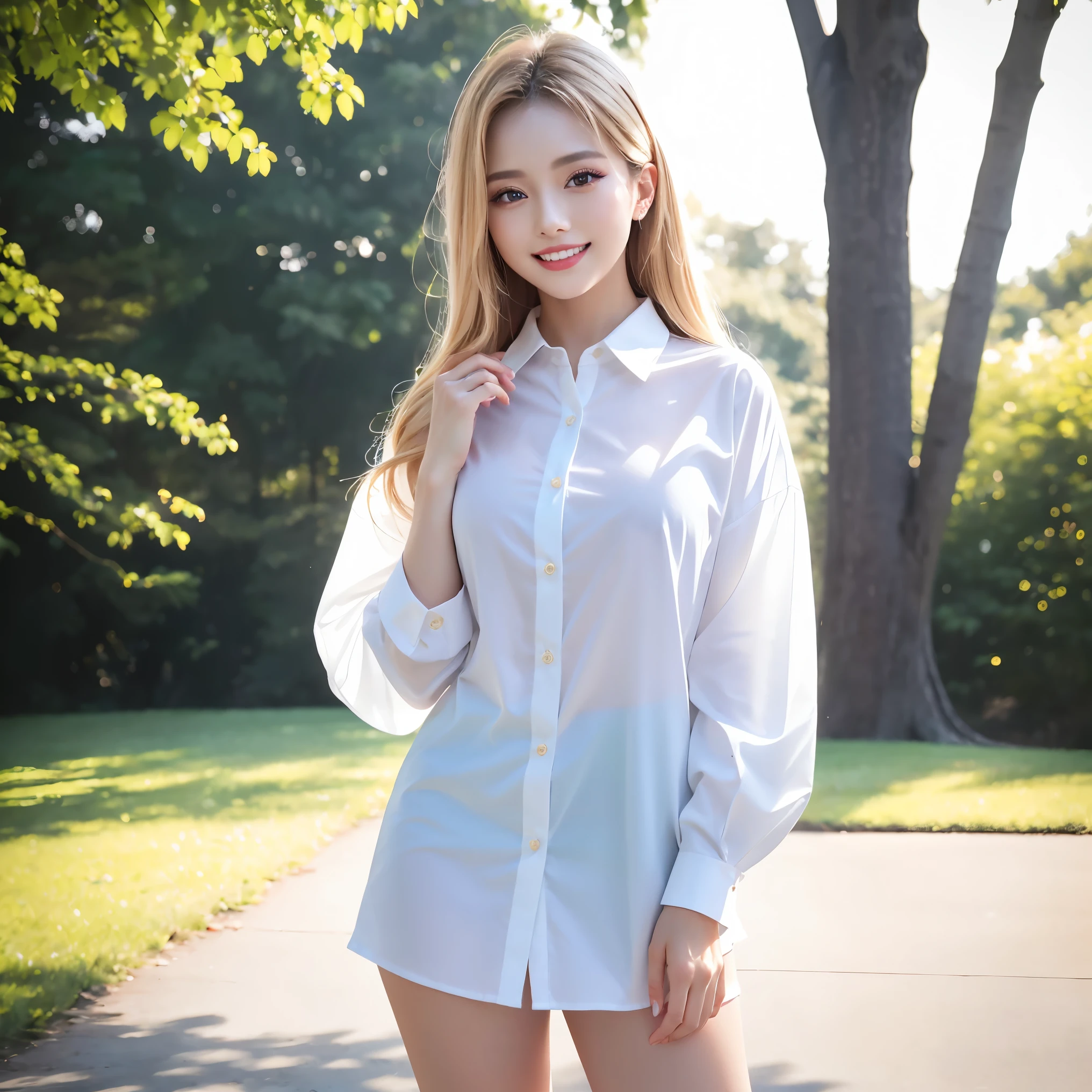 (highest quality、masterpiece、8K、best image quality、hyper realism、Award-winning work)、one high school girl、(The most natural and perfect white polyester collared long sleeve shirt mini dress:1.2)、(Wearing only a polyester shirt while naked:1.5)、(naked lower body:1.5)、(bare legs:1.5)、(full body photo:1.1)、standing elegantly、(beautiful thick legs:1.1)、emphasize body line、big breasts、white shining shirt、(dark blonde:1.1)、Standing gracefully、the best smile when you look at me、Strongly blurred background、park background、very bright、upper body photo、(accurate anatomy:1.1)、emphasize body line、perfect makeup、long eyelashes、bright lipstick、glossy lips、Ultra high definition glossy skin、(Ultra-high definition bright and beautiful skin:1.3)、超高精細のglossy lips、Super high definition beautiful teeth