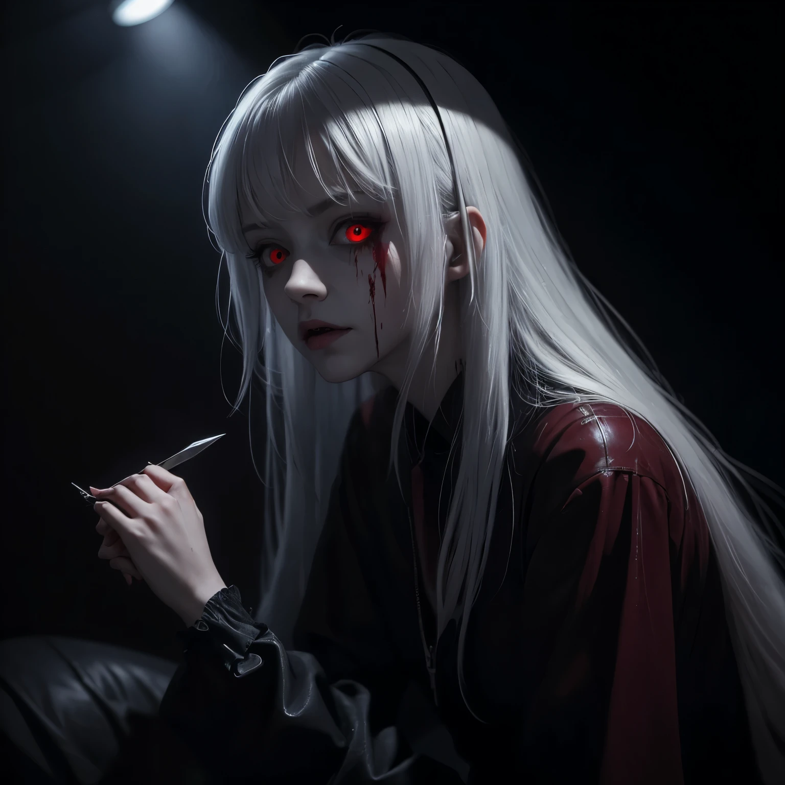 ((Masterpiece, top quality, high resolution)), (close up portrait), (horror dark art), (dark forest), (Female), (One character), (Alone), (Solo), (Anime), (Ahoge, long white hair), (Faint glowing red eyes), (Bloodied straightjacket), (Red nails), (Sitting on knees and leaning forward), (Insane asylum, white room), (Blood everywhere), (Bloodied clothes), (Holding bloody knife), (Crazy, insane)