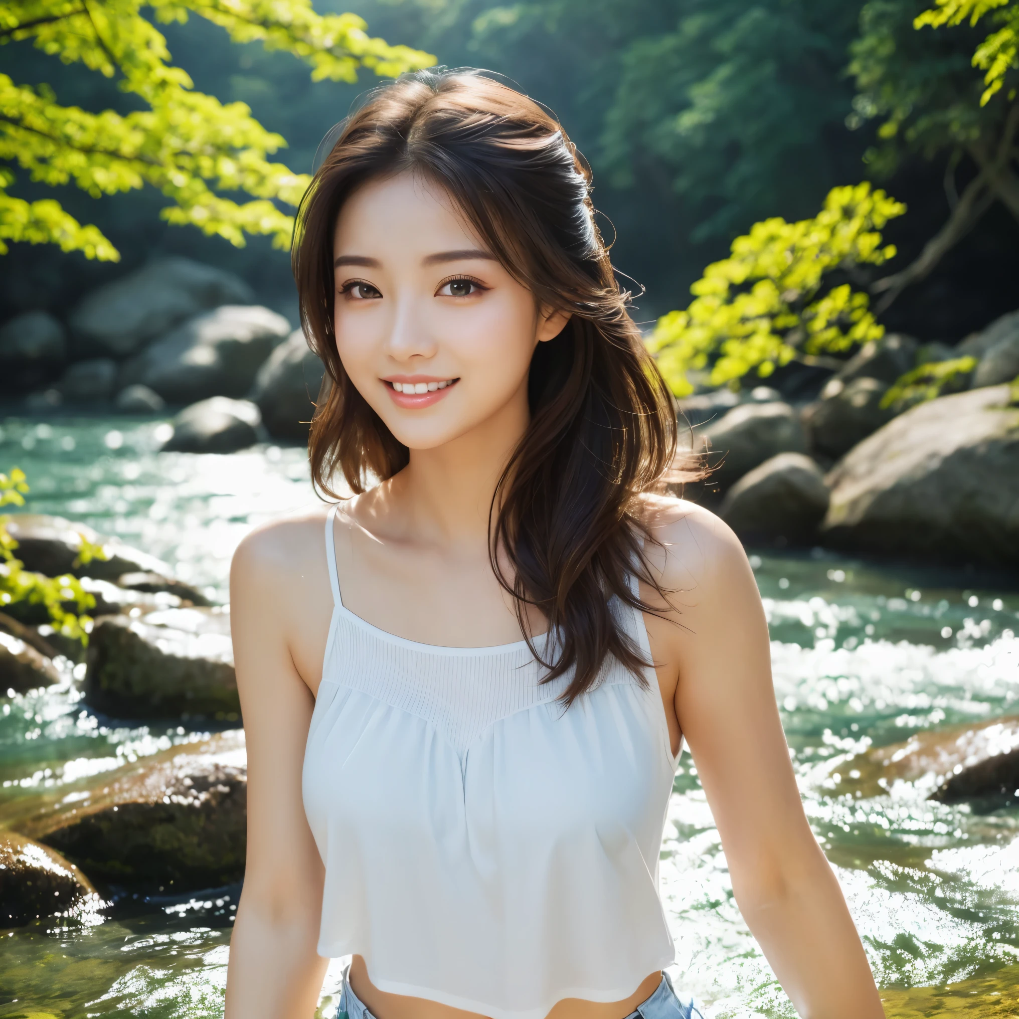 (8K, Best Quality, Masterpiece, Ultra High Definition, High Definition Face:1.5), (highly detailed), (20-year-old woman:1.3), (very low angle full body shot:1.3), 1 beautiful woman, (Japanese and Ukrainian Mixed Race Beautiful woman), white skin, (very Fair skin, shiny skin:1.4), (beautiful eyes, light in the eyes), Glossy, violently fluttering hair, very smile, Cute, random hair styles, random hair color, ((beautiful woman enjoying camping, Starry sky and campfire)), 8 life size, skinny big boobs