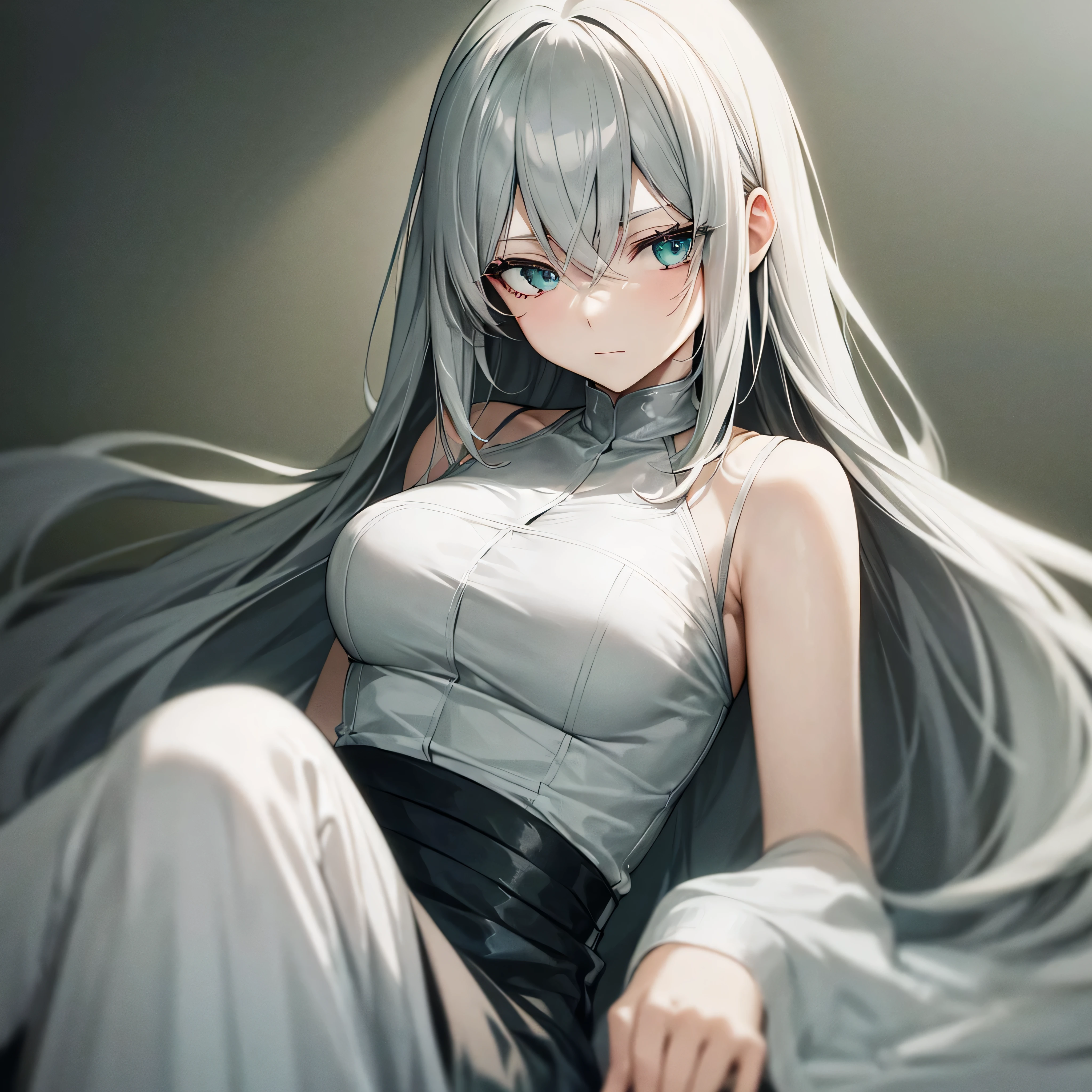 beautiful girl, anime, monotonous gray hair, muted tones, beautiful eyes, High detail, minimalism, pale green eyes, without a smile, A Mysterious Look, Average hair length