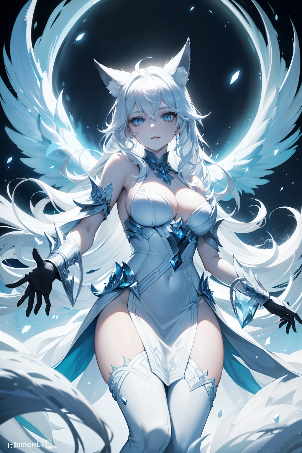 Create an illustration of a half-woman, half-fenrir character named Freya Frost. Freya has silver hair that shines like ice and eyes as blue as the winter sky. Her skin is pale and cold to the touch, emitting an icy aura around her. She wears clothing reminiscent of the purity of snow, exuding a frosty elegance and imposing presence. As a fenrir hybrid, Freya possesses a deep connection with ice and snow, able to freeze the air around her and conjure snowstorms with a simple gesture. The illustration should capture her icy essence and commanding demeanor, showcasing her as a powerful and captivating figure in the world of Arcana