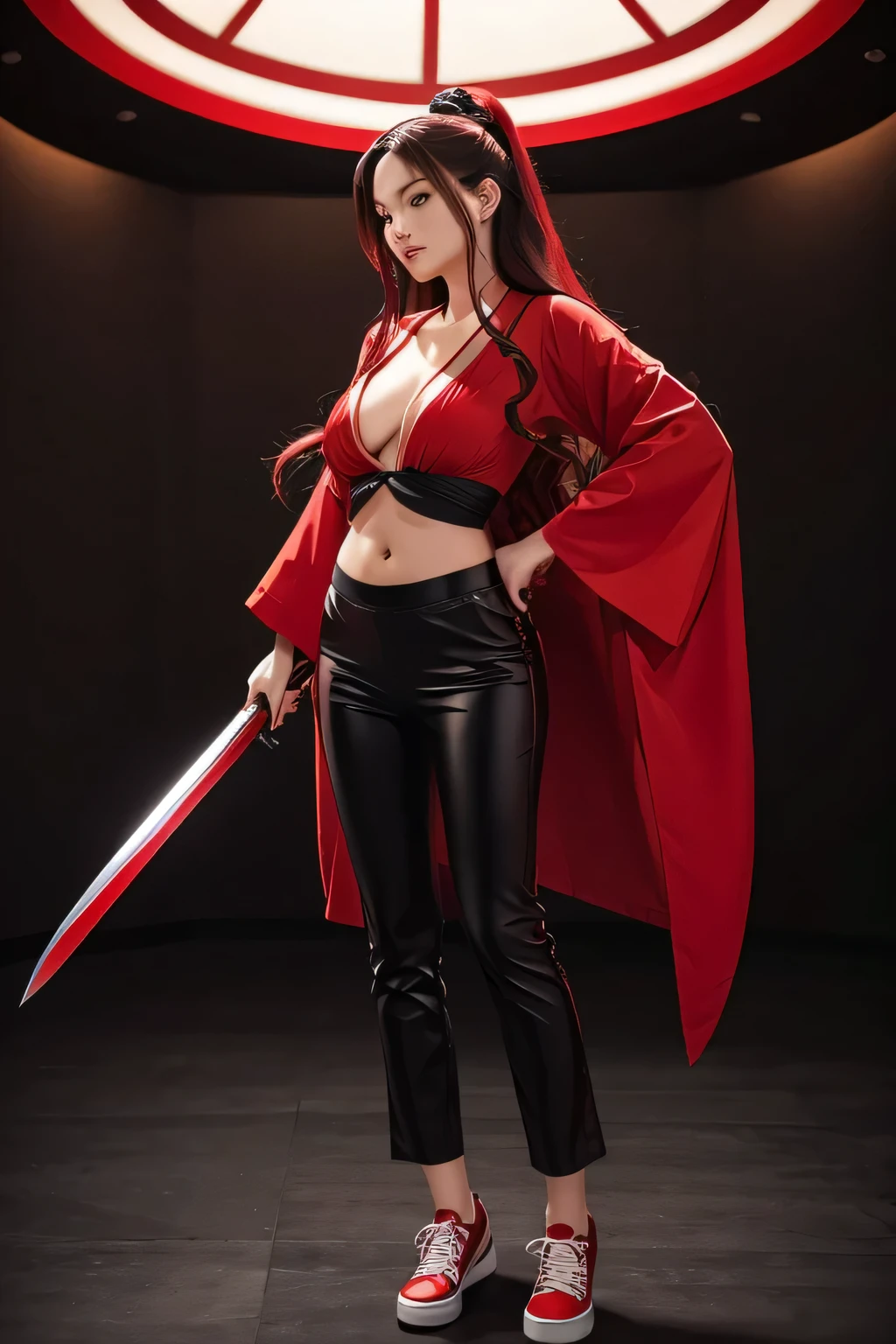 a perfect sexy girl kimono long wavy red rolled hair and wears short red kimono shows navel and tight black pants and red shoes carry a big sword filled with chopped edge