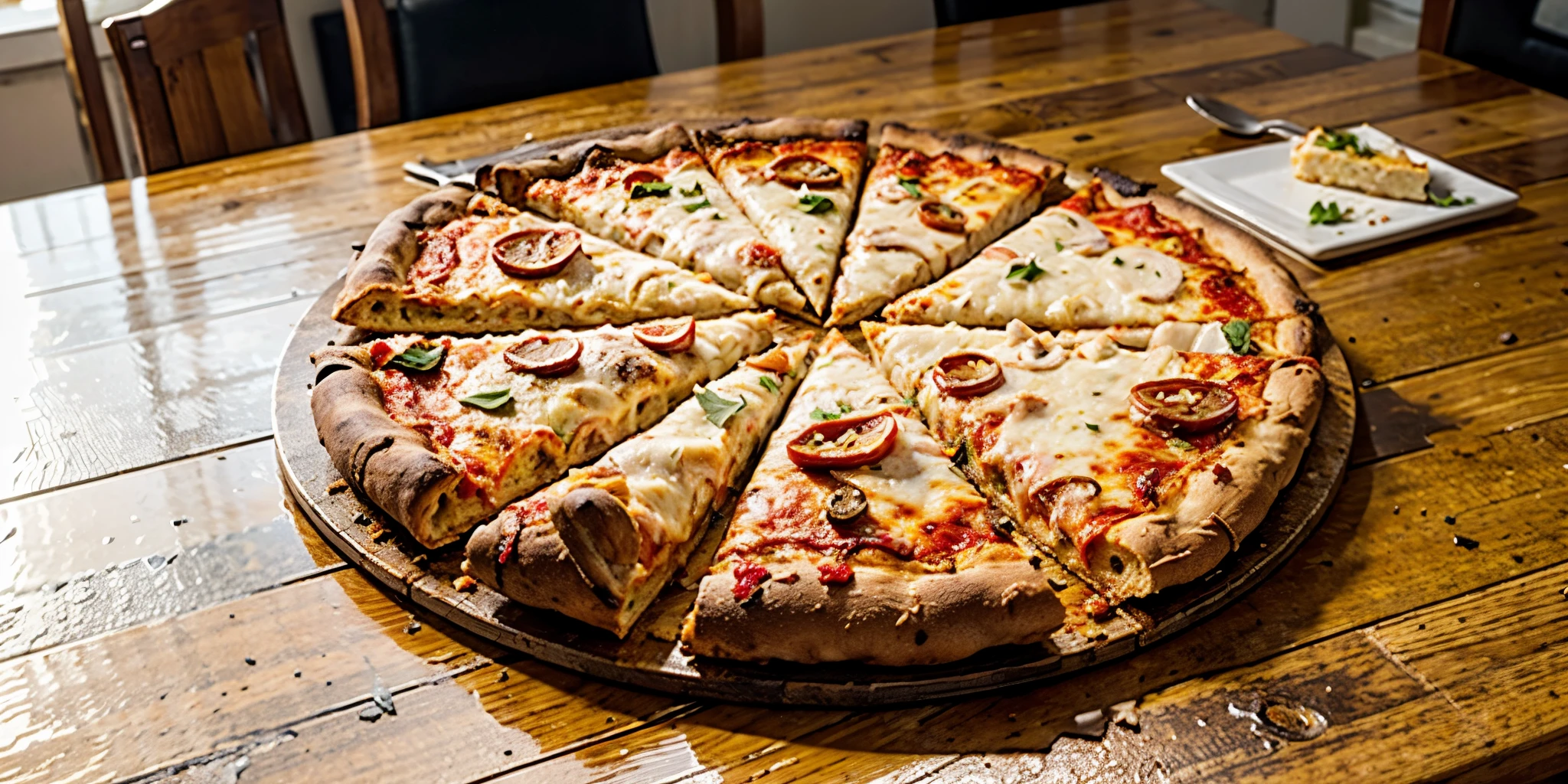 Best quality, masterpiece, realism, super high resolution,tasty pizza, lying on a ceramic table, view from above